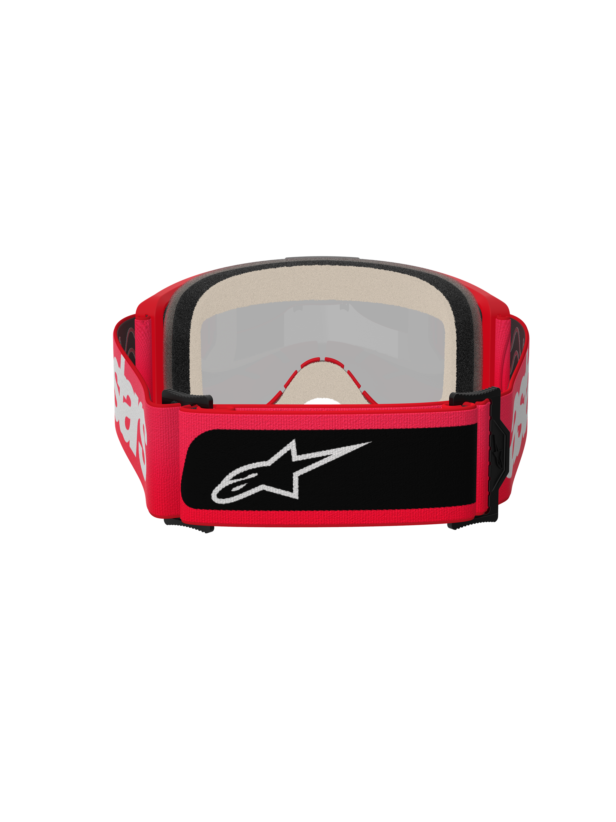Gogle Alpinestars Vision 5 Blaze, gogle motocrossowe, czerwone, widok z tyłu z grubą wielowarstwową pianką i szerokim regulowanym paskiem z białym napisem Alpinestars oraz czarną naszywką z logo