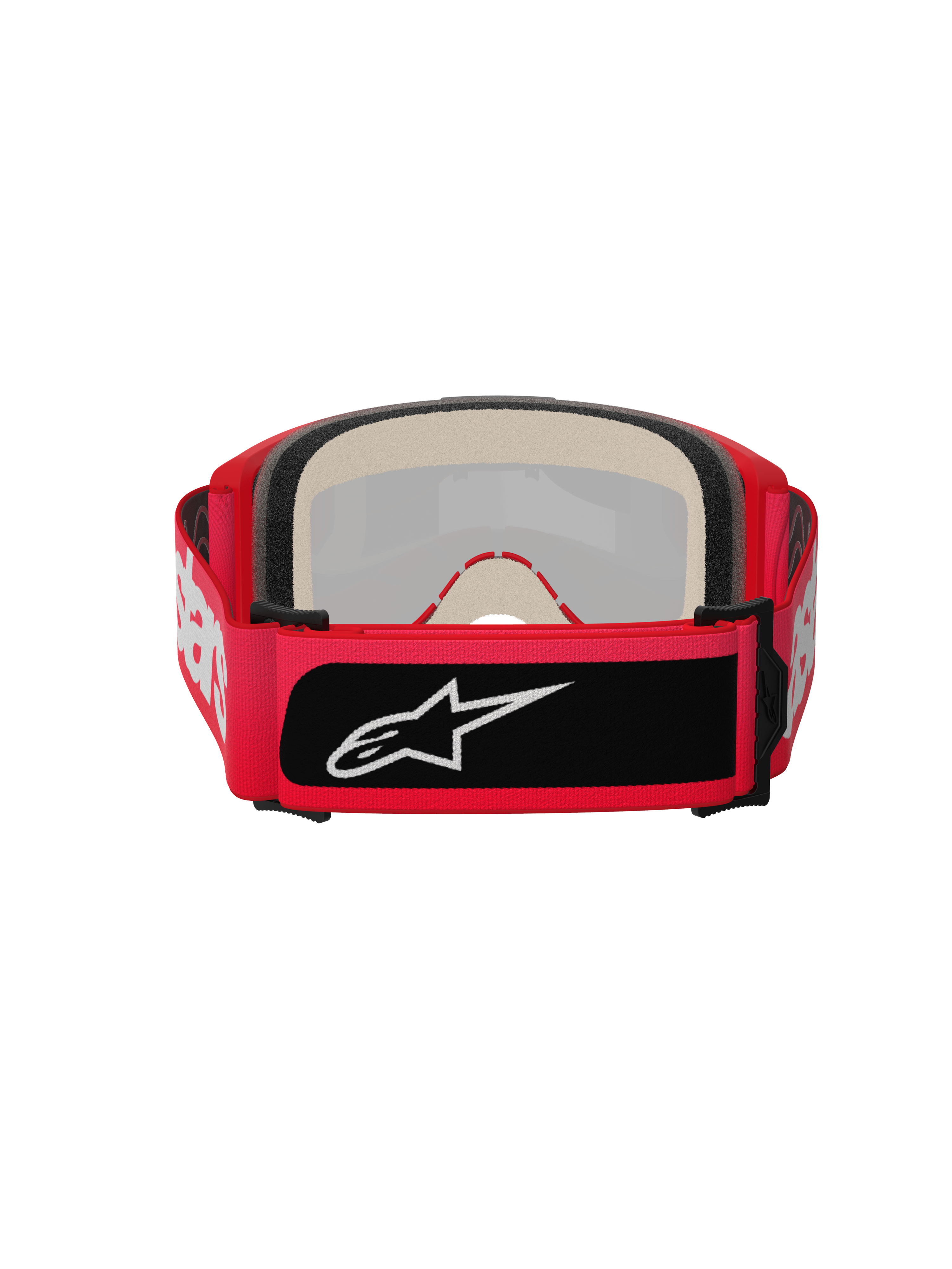 Gogle Alpinestars Vision 5 Blaze, gogle motocrossowe, czerwone, widok z tyłu z grubą wielowarstwową pianką i szerokim regulowanym paskiem z białym napisem Alpinestars oraz czarną naszywką z logo