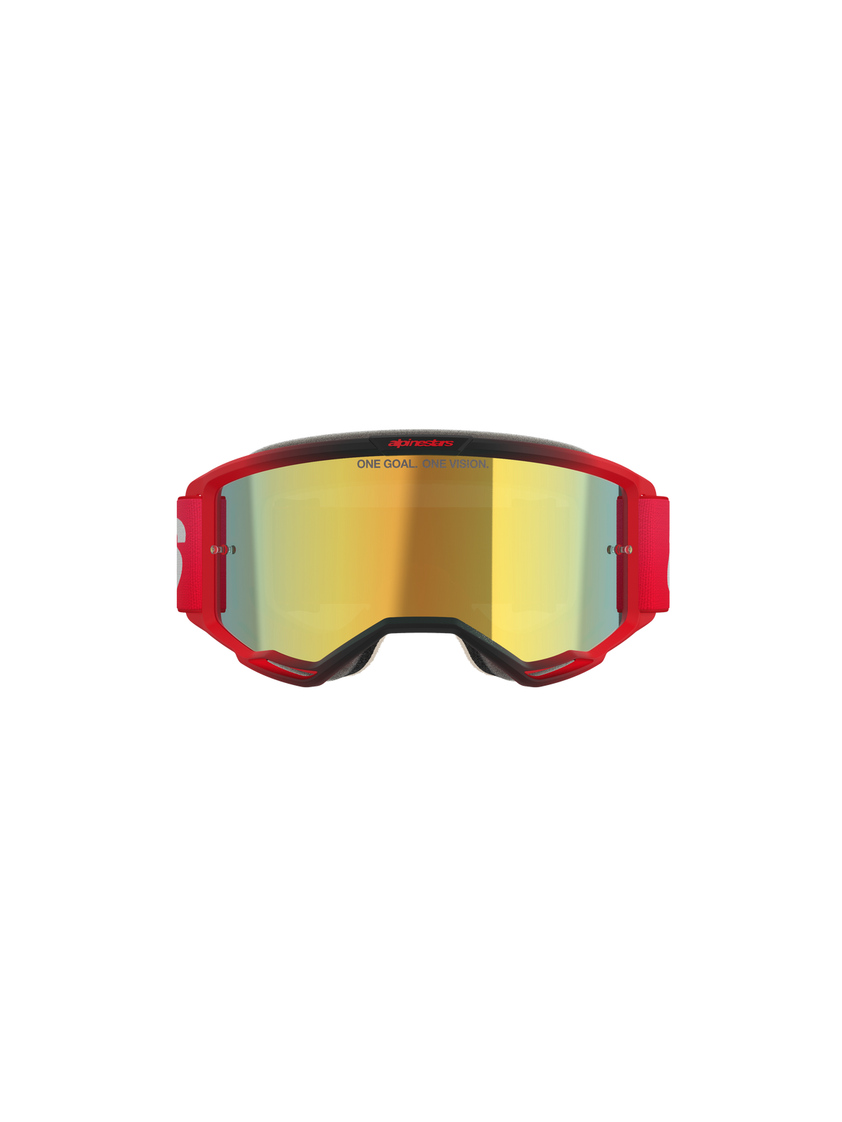 Gogle Alpinestars Vision 5 Blaze, gogle motocrossowe, czerwona oprawka ze złotą lustrzaną szybką, napis „ONE GOAL. ONE VISION.” na szybce, czerwony elastyczny pasek z białym logo, profesjonalna ochrona oczu do motocrossu