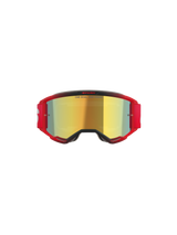 Gogle Alpinestars Vision 5 Blaze, gogle motocrossowe, czerwona oprawka ze złotą lustrzaną szybką, napis „ONE GOAL. ONE VISION.” na szybce, czerwony elastyczny pasek z białym logo, profesjonalna ochrona oczu do motocrossu