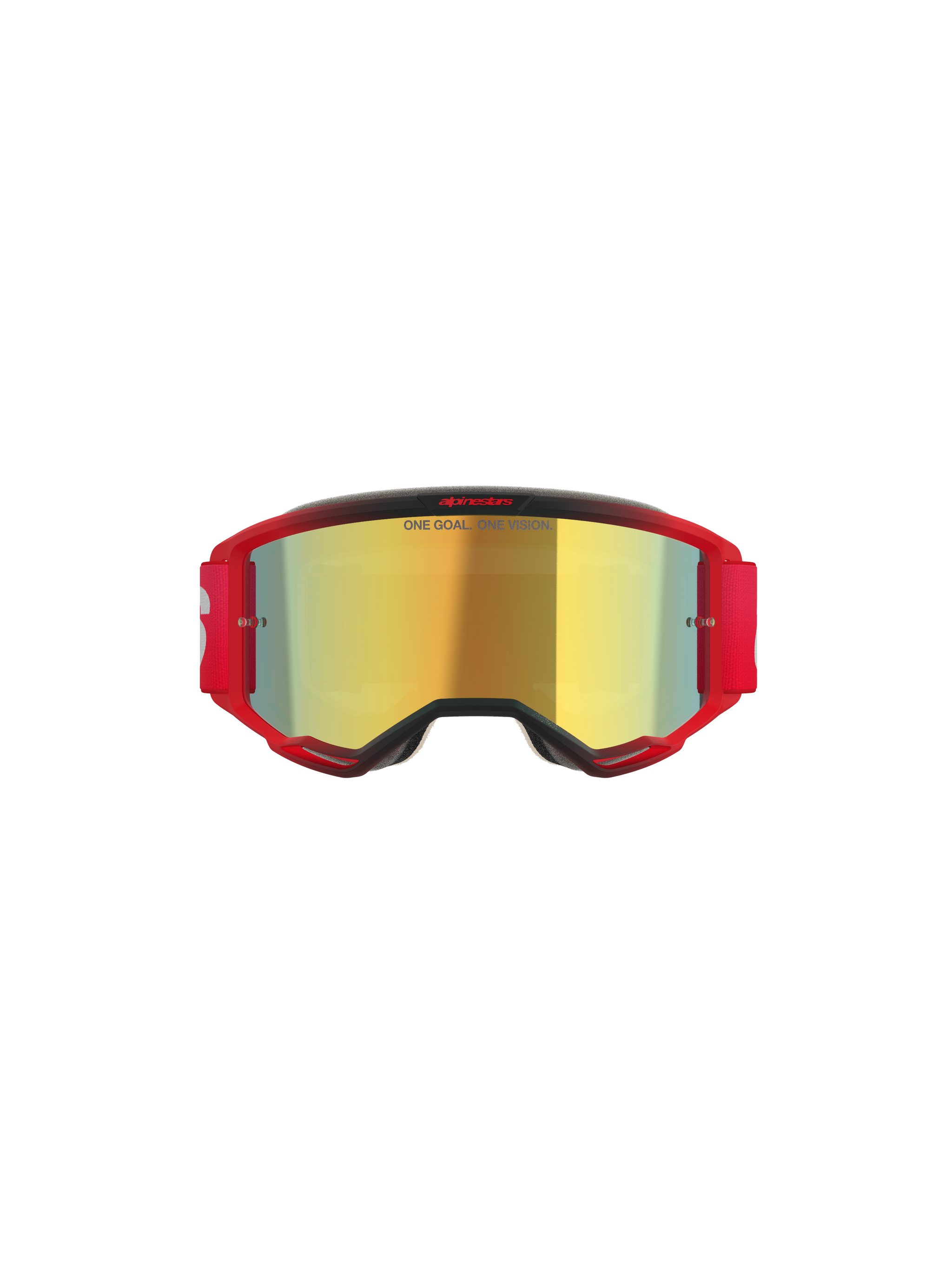 Gogle Alpinestars Vision 5 Blaze, gogle motocrossowe, czerwona oprawka ze złotą lustrzaną szybką, napis „ONE GOAL. ONE VISION.” na szybce, czerwony elastyczny pasek z białym logo, profesjonalna ochrona oczu do motocrossu