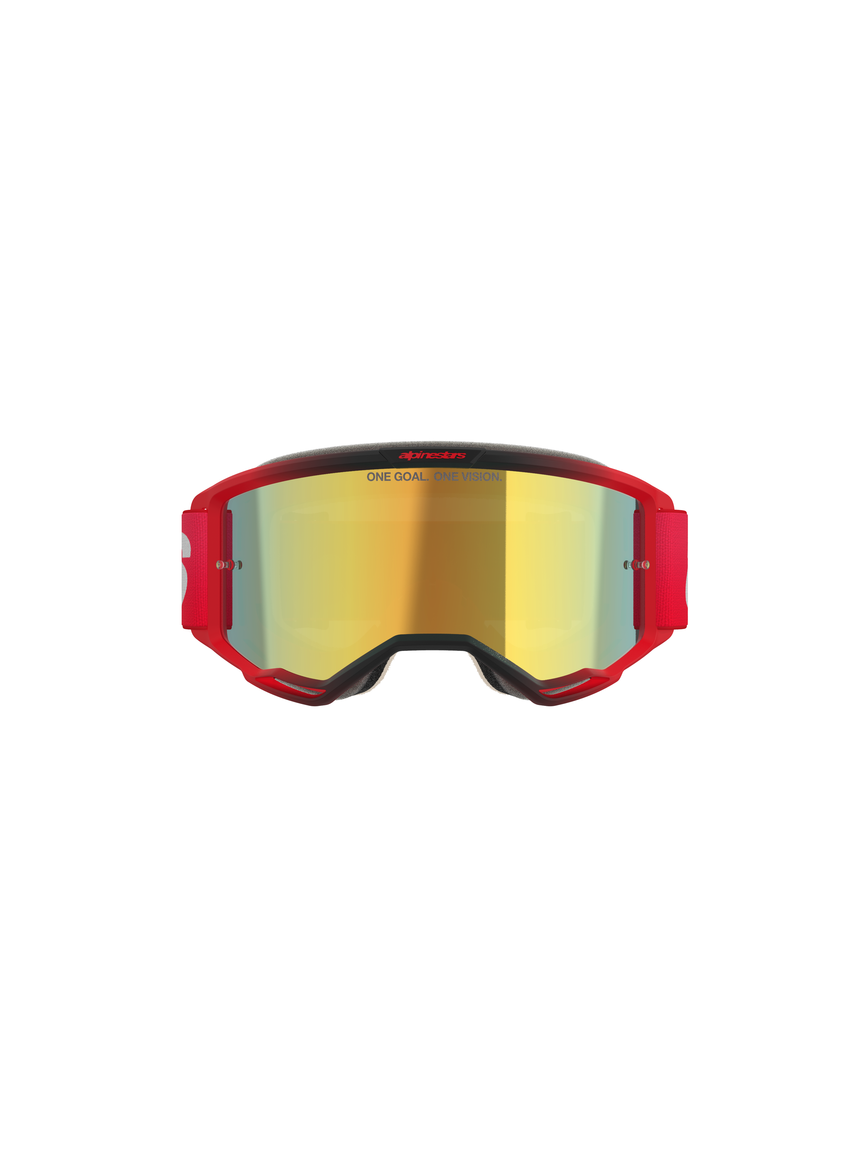 Gogle Alpinestars Vision 5 Blaze, gogle motocrossowe, czerwona oprawka ze złotą lustrzaną szybką, napis „ONE GOAL. ONE VISION.” na szybce, czerwony elastyczny pasek z białym logo, profesjonalna ochrona oczu do motocrossu