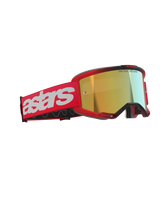 Alpinestars Vision 5 Blaze Goggles, gogle motocrossowe, czerwone ze złotą lustrzaną soczewką, czerwony tkany pasek z dużym białym logo astars i napisem „ONE GOAL. ONE VISION.” na soczewce, wysokiej klasy ochrona oczu do jazdy terenowej