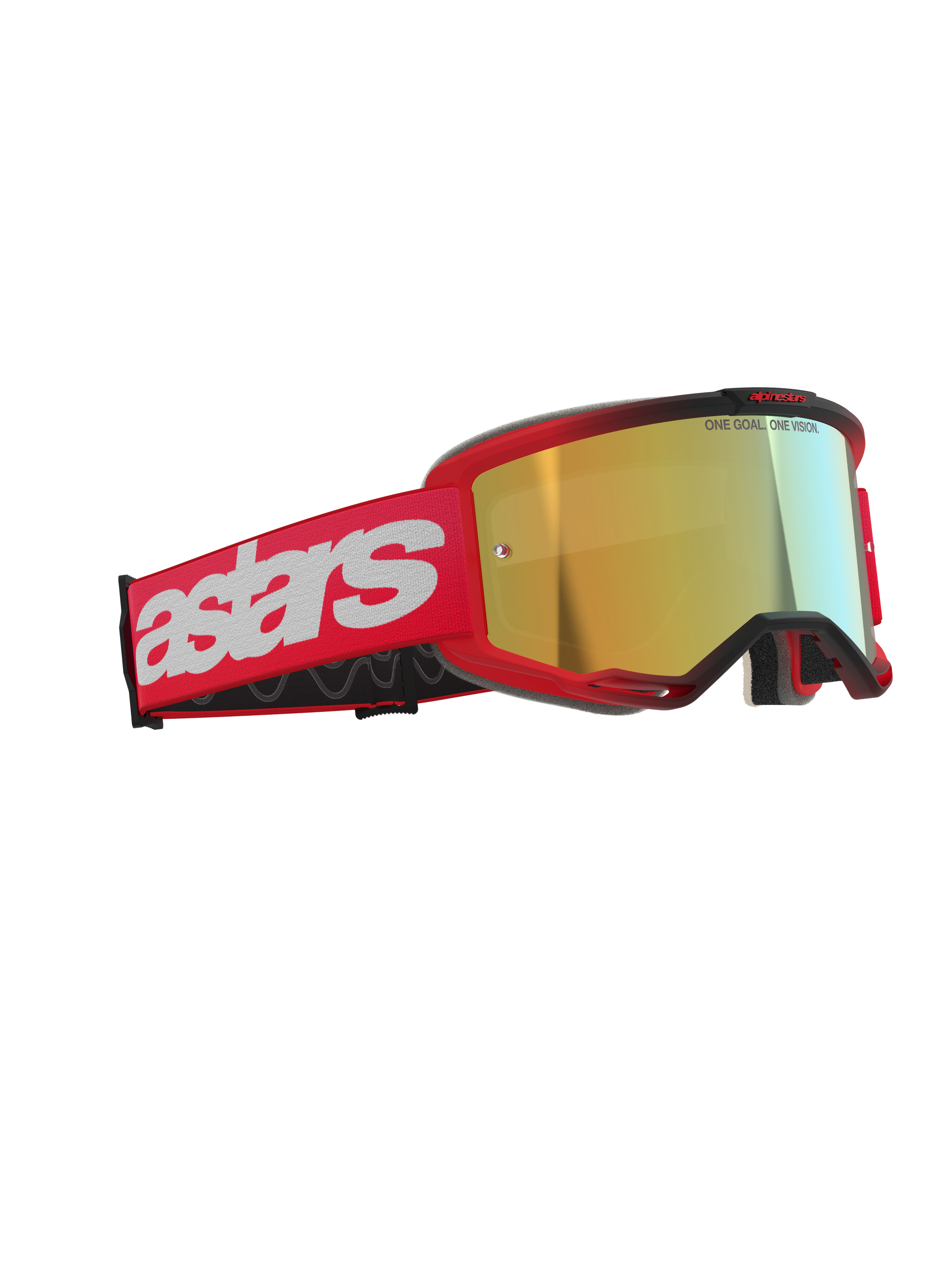 Alpinestars Vision 5 Blaze Goggles, gogle motocrossowe, czerwone ze złotą lustrzaną soczewką, czerwony tkany pasek z dużym białym logo astars i napisem „ONE GOAL. ONE VISION.” na soczewce, wysokiej klasy ochrona oczu do jazdy terenowej