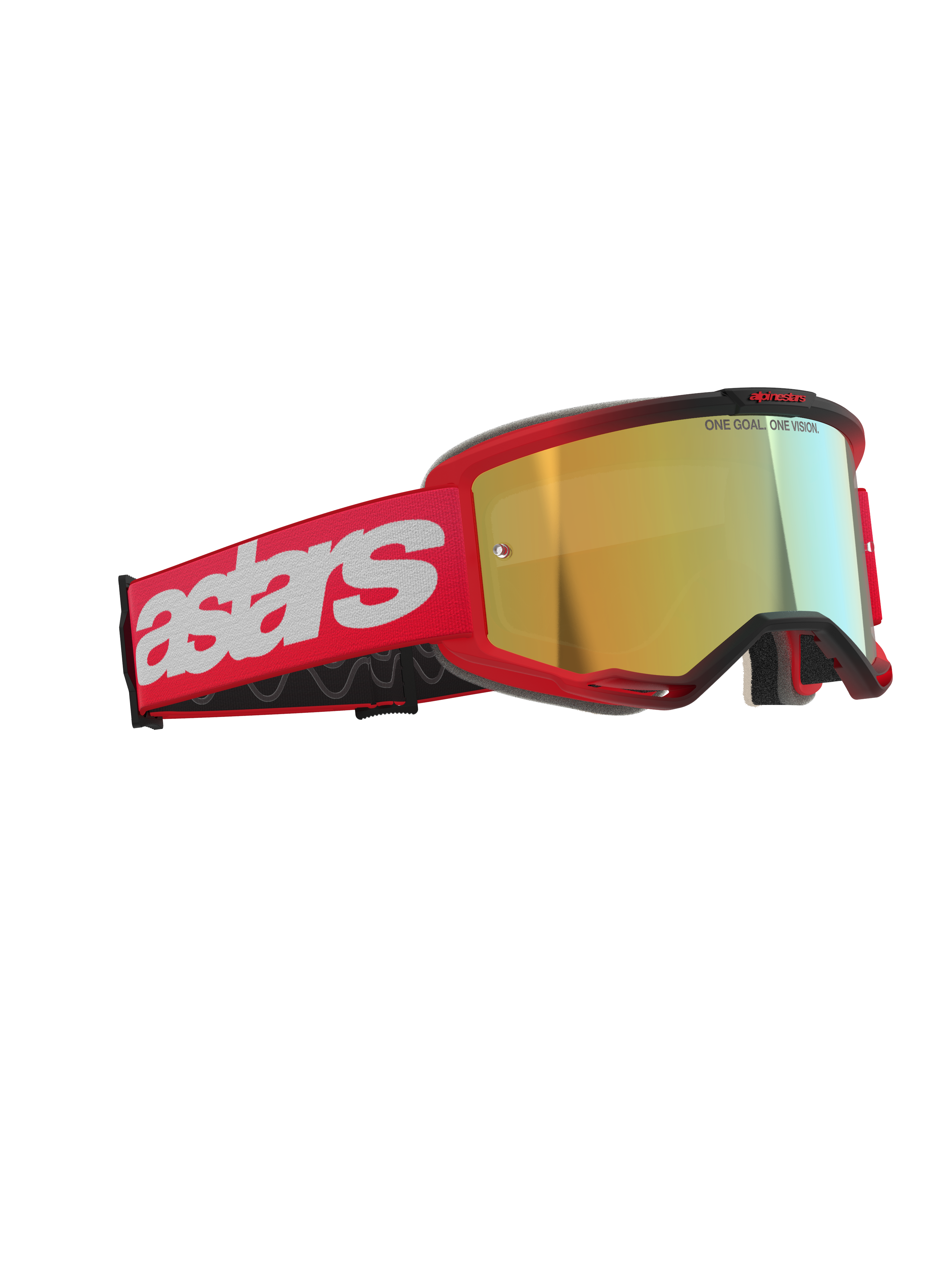 Alpinestars Vision 5 Blaze Goggles, gogle motocrossowe, czerwone ze złotą lustrzaną soczewką, czerwony tkany pasek z dużym białym logo astars i napisem „ONE GOAL. ONE VISION.” na soczewce, wysokiej klasy ochrona oczu do jazdy terenowej