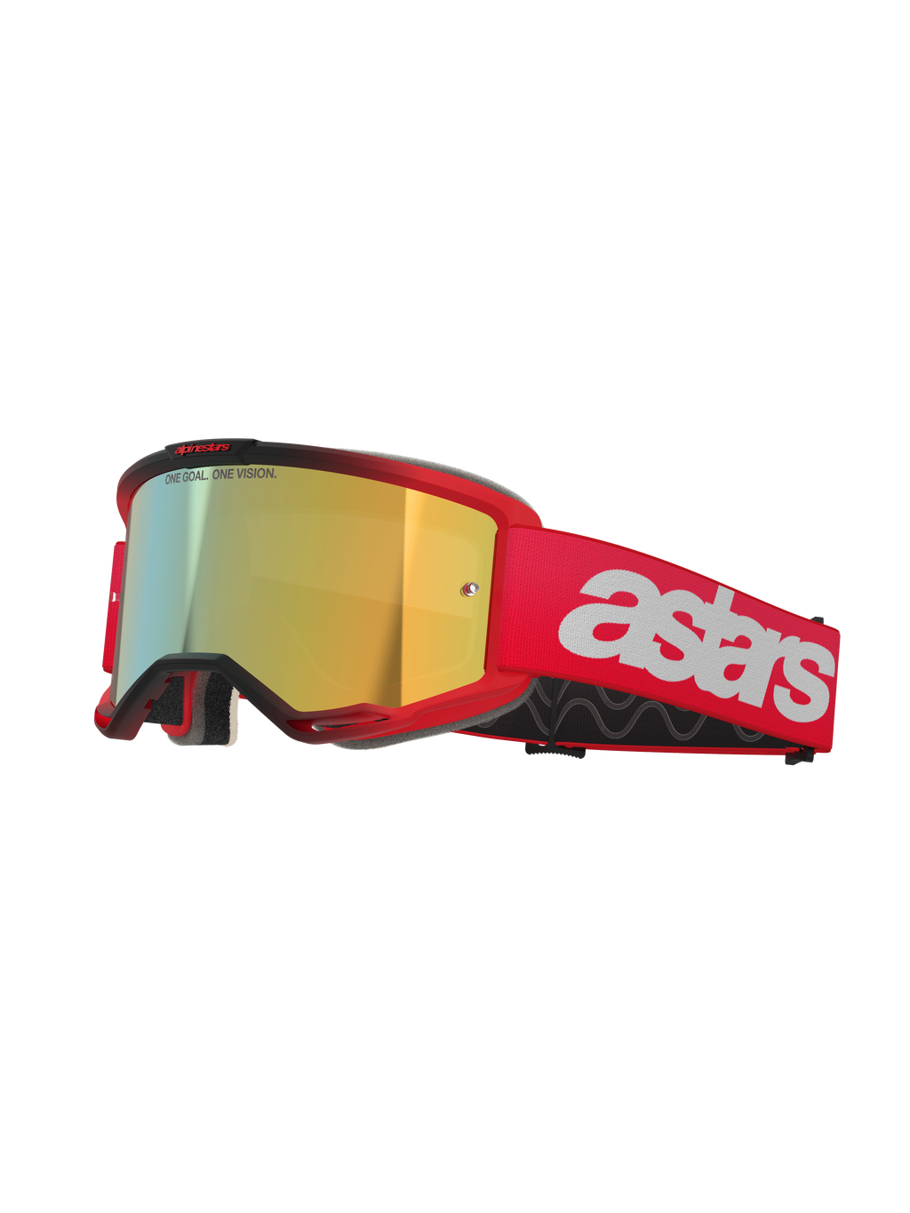 Alpinestars Vision 5 Blaze Goggles, gogle motocrossowe, czerwona oprawka i pasek z lustrzaną złotą soczewką, białe logo astars z boku, lekka ramka A-FLEX z wielowarstwową pianką do wyścigów off-road