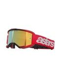 Alpinestars Vision 5 Blaze Goggles, gogle motocrossowe, czerwona oprawka i pasek z lustrzaną złotą soczewką, białe logo astars z boku, lekka ramka A-FLEX z wielowarstwową pianką do wyścigów off-road