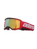 Alpinestars Vision 5 Blaze Goggles, gogle motocrossowe, czerwona oprawka i pasek z lustrzaną złotą soczewką, białe logo astars z boku, lekka ramka A-FLEX z wielowarstwową pianką do wyścigów off-road