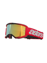 Alpinestars Vision 5 Blaze Goggles, gogle motocrossowe, czerwona oprawka i pasek z lustrzaną złotą soczewką, białe logo astars z boku, lekka ramka A-FLEX z wielowarstwową pianką do wyścigów off-road