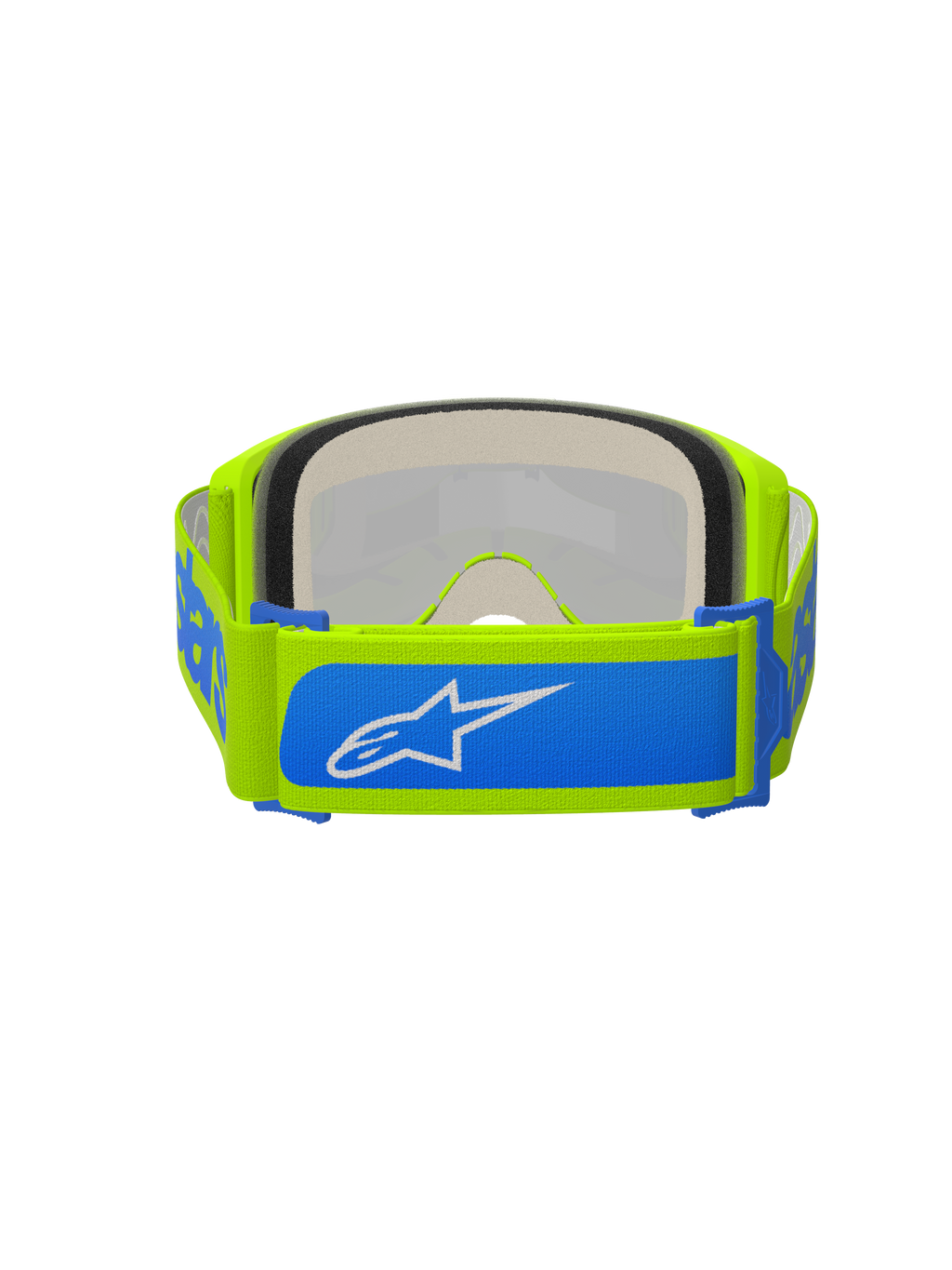 Gogle Alpinestars Vision 5 Blaze, gogle motocrossowe, żółte fluo i niebieskie, widok z tyłu ukazujący regulowany tkany pasek 45 mm z niebieskimi akcentami i białym logo Alpinestars, gruba wielowarstwowa pianka do twarzy, zaprojektowane do wyścigów terenowych