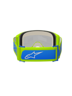 Gogle Alpinestars Vision 5 Blaze, gogle motocrossowe, żółte fluo i niebieskie, widok z tyłu ukazujący regulowany tkany pasek 45 mm z niebieskimi akcentami i białym logo Alpinestars, gruba wielowarstwowa pianka do twarzy, zaprojektowane do wyścigów terenowych