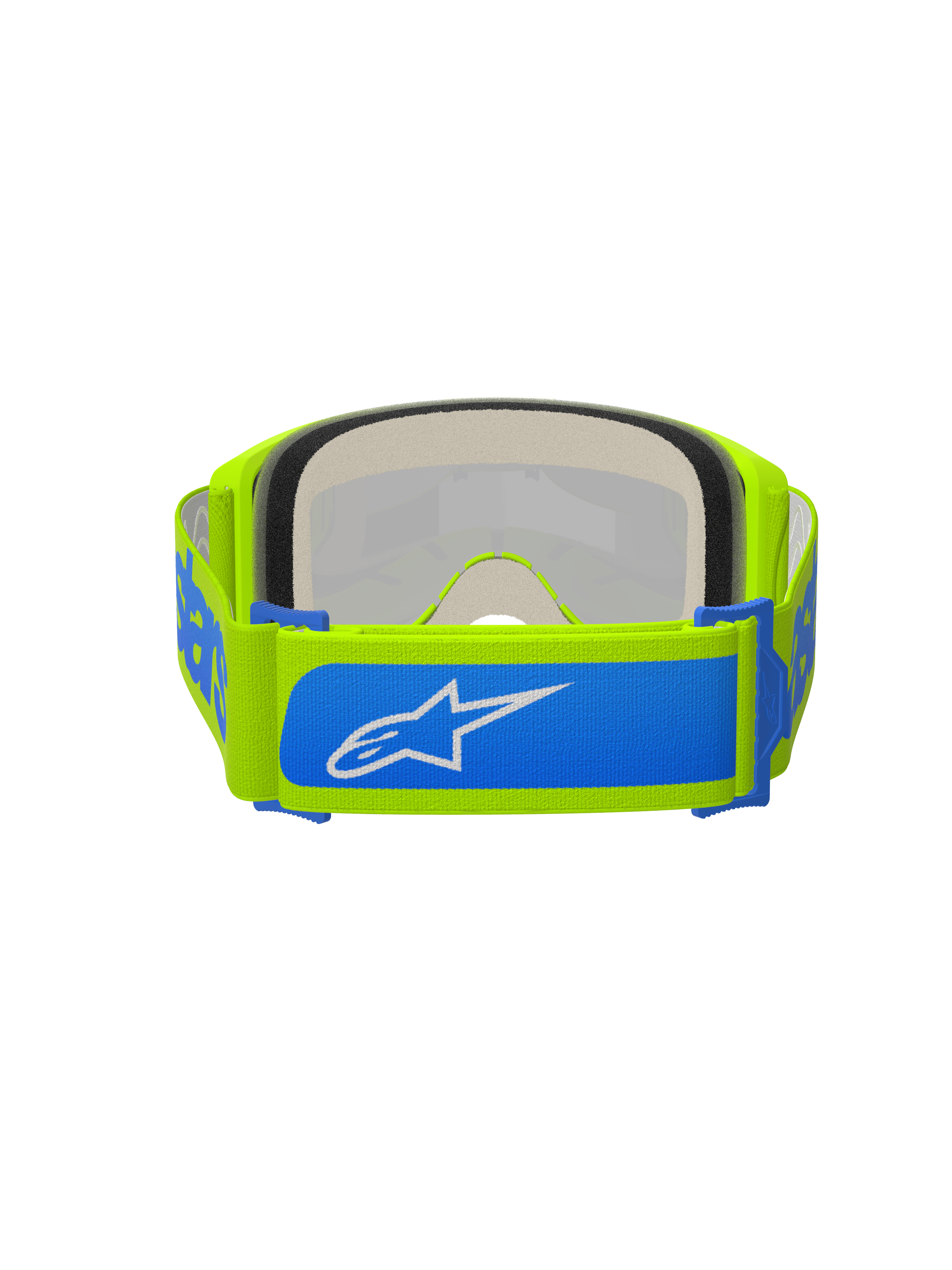 Gogle Alpinestars Vision 5 Blaze, gogle motocrossowe, żółte fluo i niebieskie, widok z tyłu ukazujący regulowany tkany pasek 45 mm z niebieskimi akcentami i białym logo Alpinestars, gruba wielowarstwowa pianka do twarzy, zaprojektowane do wyścigów terenowych
