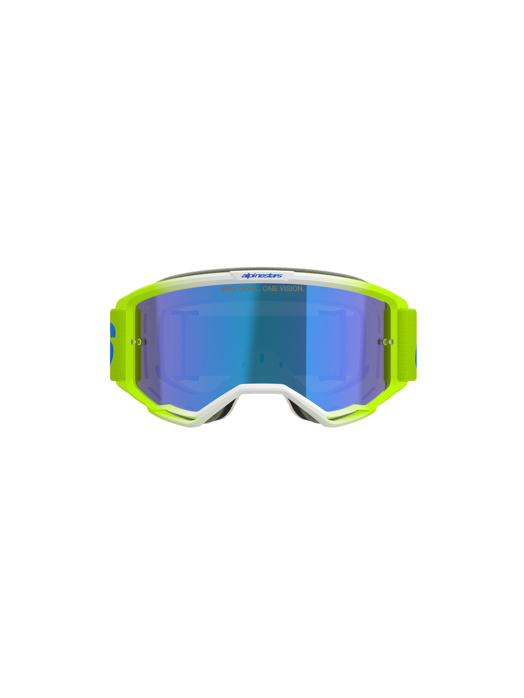 Gogle Alpinestars Vision 5 Blaze, gogle motocrossowe, żółty fluorescencyjny i niebieski, z niebieską lustrzaną szybką, białymi detalami oprawki oraz szerokim, regulowanym paskiem z brandingiem Alpinestars, profesjonalna ochrona oczu do jazdy off-road i motocrossu