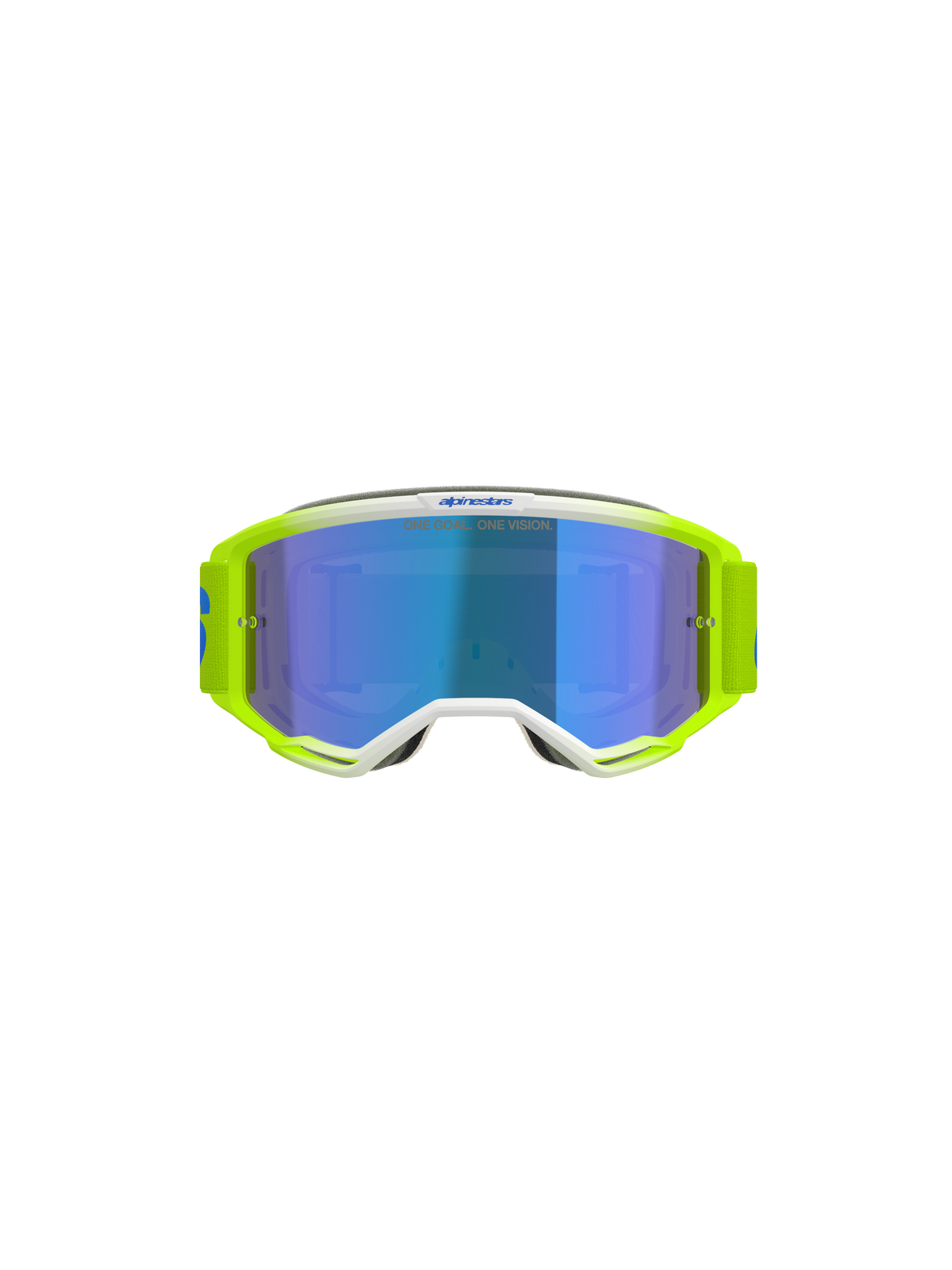 Gogle Alpinestars Vision 5 Blaze, gogle motocrossowe, żółty fluorescencyjny i niebieski, z niebieską lustrzaną szybką, białymi detalami oprawki oraz szerokim, regulowanym paskiem z brandingiem Alpinestars, profesjonalna ochrona oczu do jazdy off-road i motocrossu