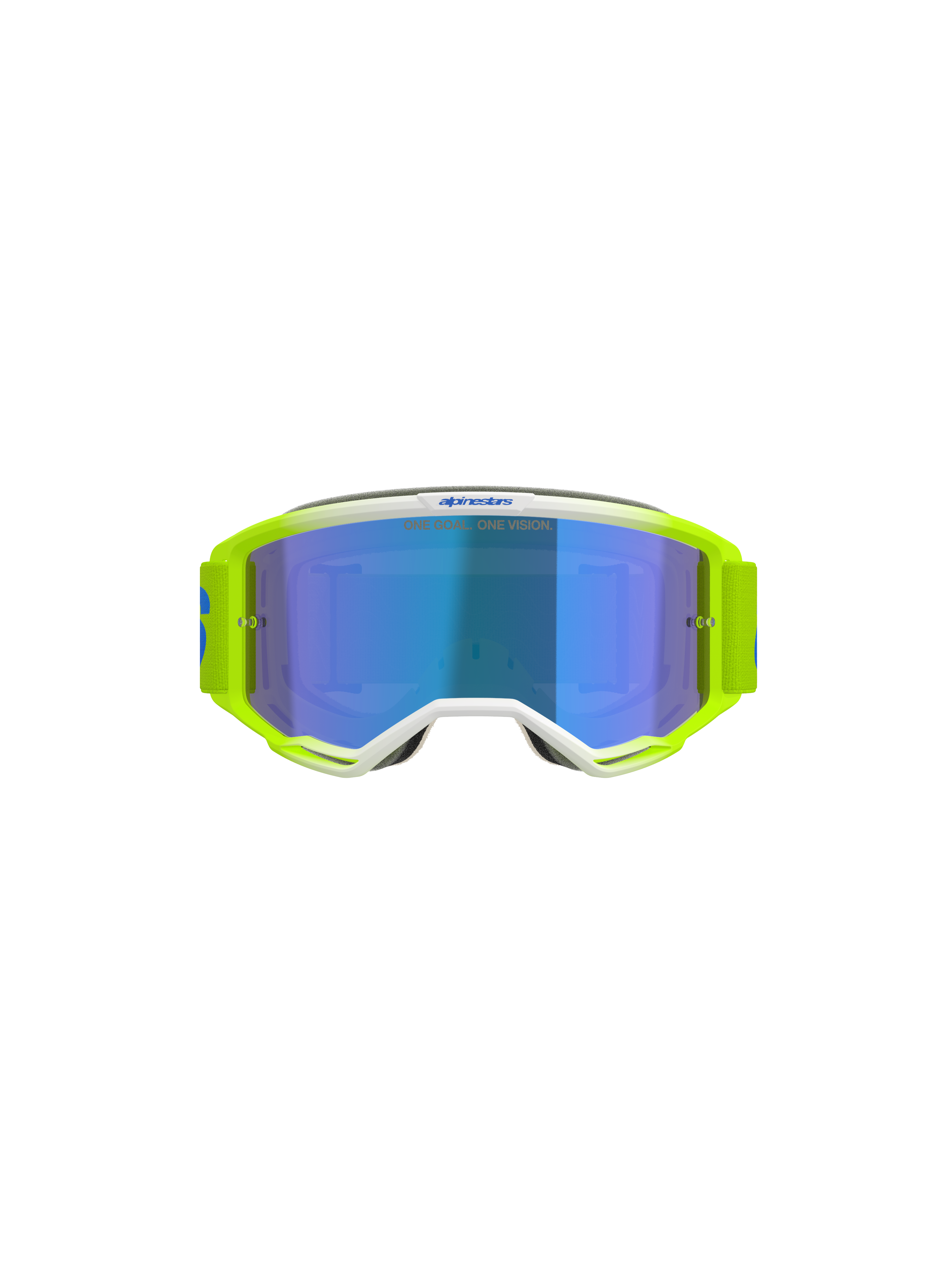 Gogle Alpinestars Vision 5 Blaze, gogle motocrossowe, żółty fluorescencyjny i niebieski, z niebieską lustrzaną szybką, białymi detalami oprawki oraz szerokim, regulowanym paskiem z brandingiem Alpinestars, profesjonalna ochrona oczu do jazdy off-road i motocrossu