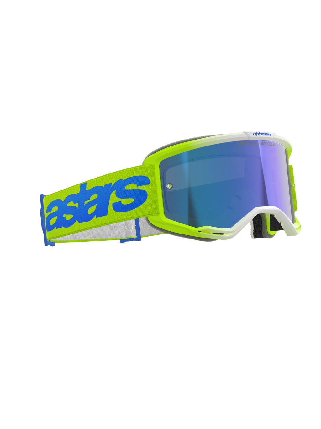 Gogle Alpinestars Vision 5 Blaze, gogle motocrossowe, żółte fluo i niebieskie, niebieska lustrzana soczewka, szeroki żółty tkany pasek z wyraźnym niebieskim logo „astars”, profesjonalne gogle ochronne do wyścigów terenowych
