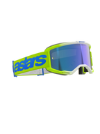 Gogle Alpinestars Vision 5 Blaze, gogle motocrossowe, żółte fluo i niebieskie, niebieska lustrzana soczewka, szeroki żółty tkany pasek z wyraźnym niebieskim logo „astars”, profesjonalne gogle ochronne do wyścigów terenowych