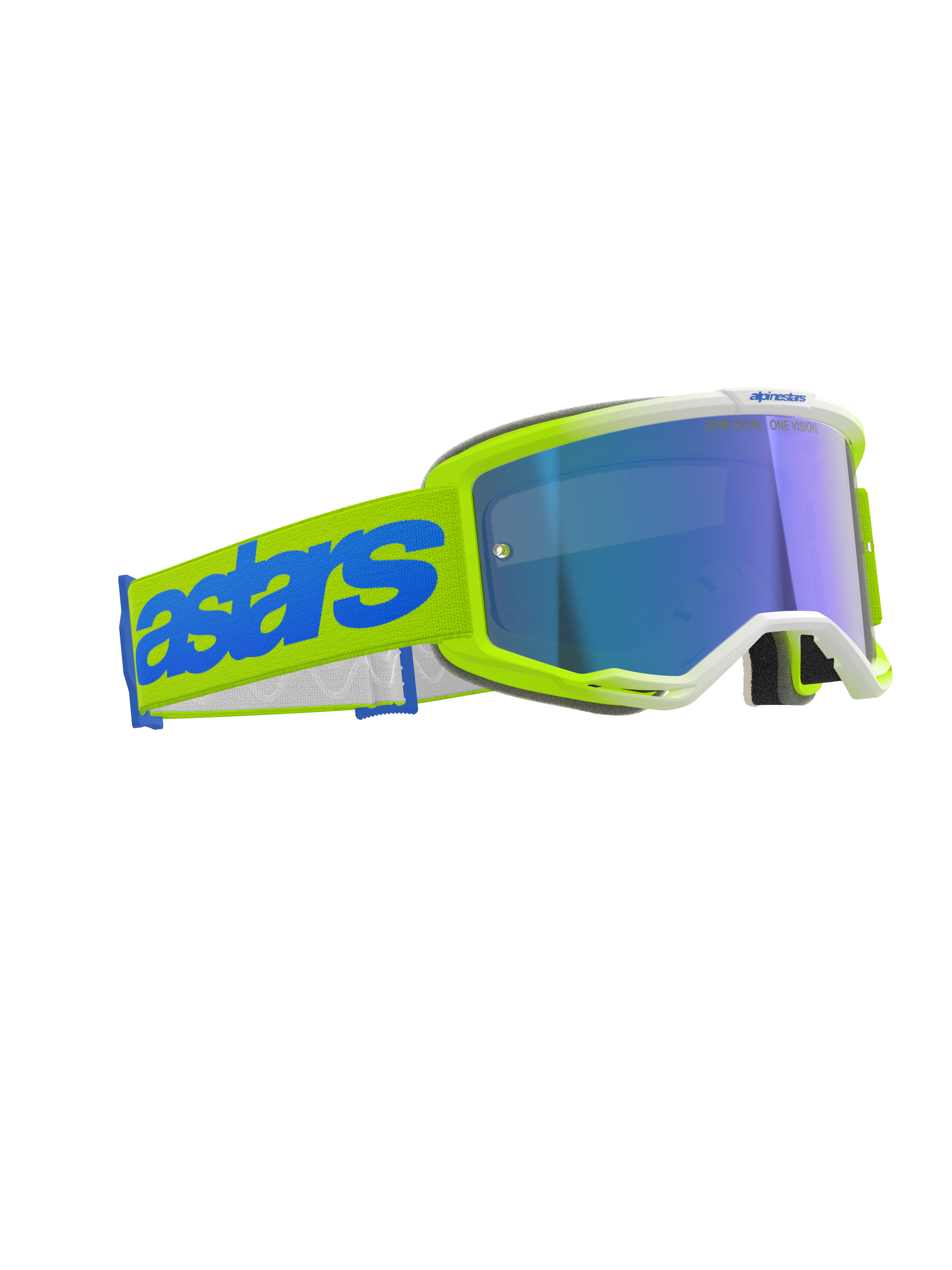 Gogle Alpinestars Vision 5 Blaze, gogle motocrossowe, żółte fluo i niebieskie, niebieska lustrzana soczewka, szeroki żółty tkany pasek z wyraźnym niebieskim logo „astars”, profesjonalne gogle ochronne do wyścigów terenowych