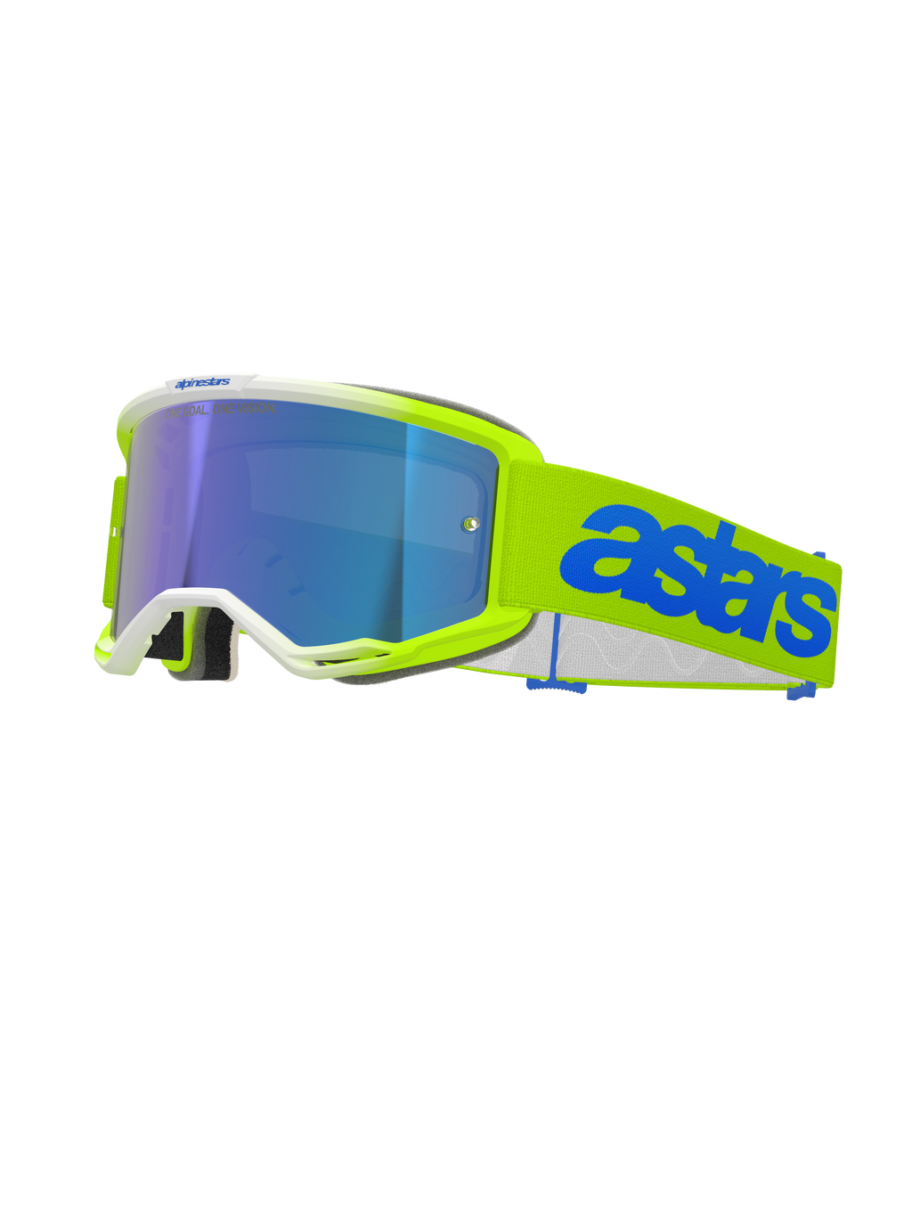 Gogle Alpinestars Vision 5 Blaze, gogle motocrossowe, neonowożółte i niebieskie, z niebieską lustrzaną soczewką, neonowożółta oprawka z białym wykończeniem, regulowany pasek z wyrazistym niebieskim brandingiem Astars, profesjonalna ochrona oczu do wyścigów off-road