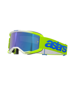 Gogle Alpinestars Vision 5 Blaze, gogle motocrossowe, neonowożółte i niebieskie, z niebieską lustrzaną soczewką, neonowożółta oprawka z białym wykończeniem, regulowany pasek z wyrazistym niebieskim brandingiem Astars, profesjonalna ochrona oczu do wyścigów off-road