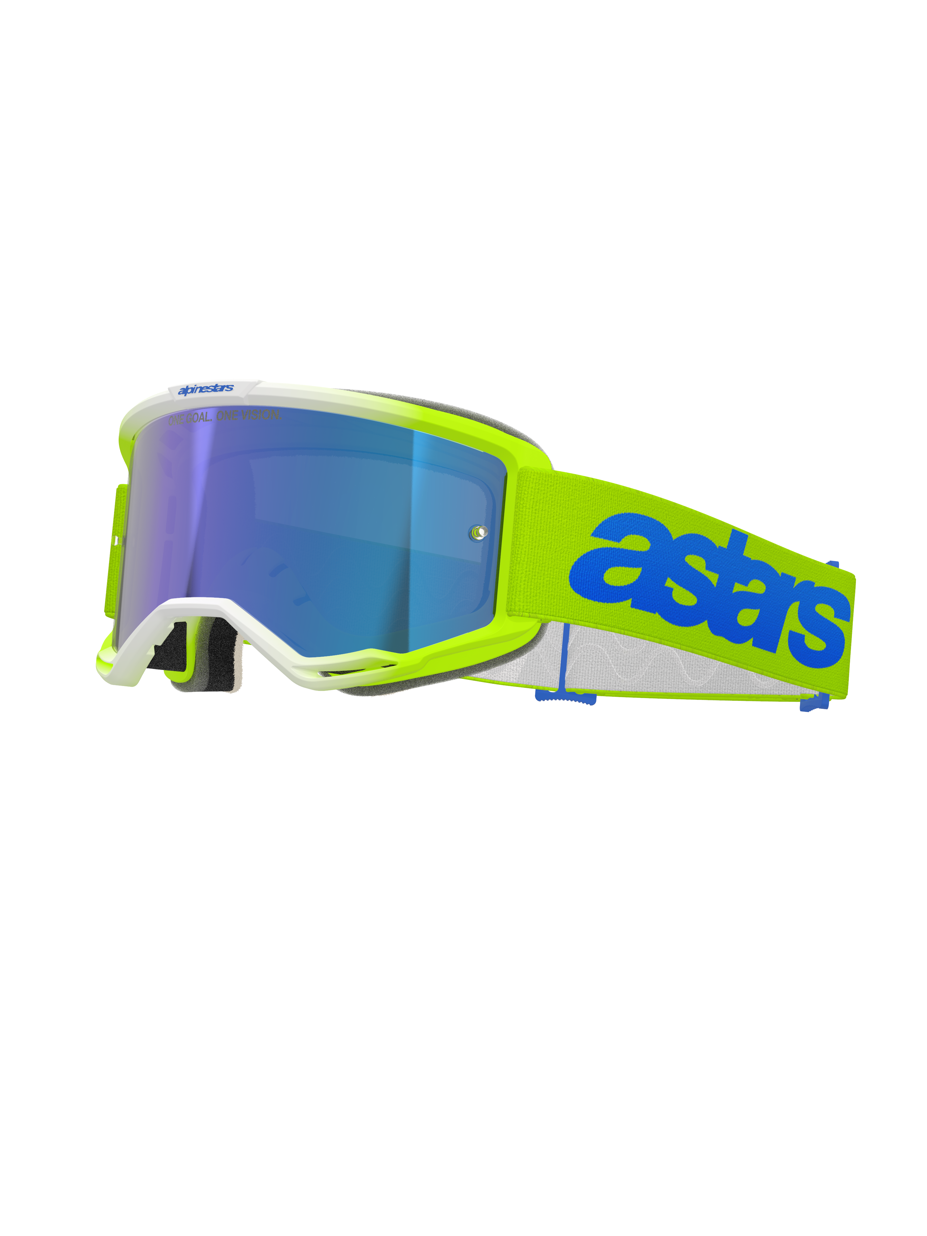 Gogle Alpinestars Vision 5 Blaze, gogle motocrossowe, neonowożółte i niebieskie, z niebieską lustrzaną soczewką, neonowożółta oprawka z białym wykończeniem, regulowany pasek z wyrazistym niebieskim brandingiem Astars, profesjonalna ochrona oczu do wyścigów off-road