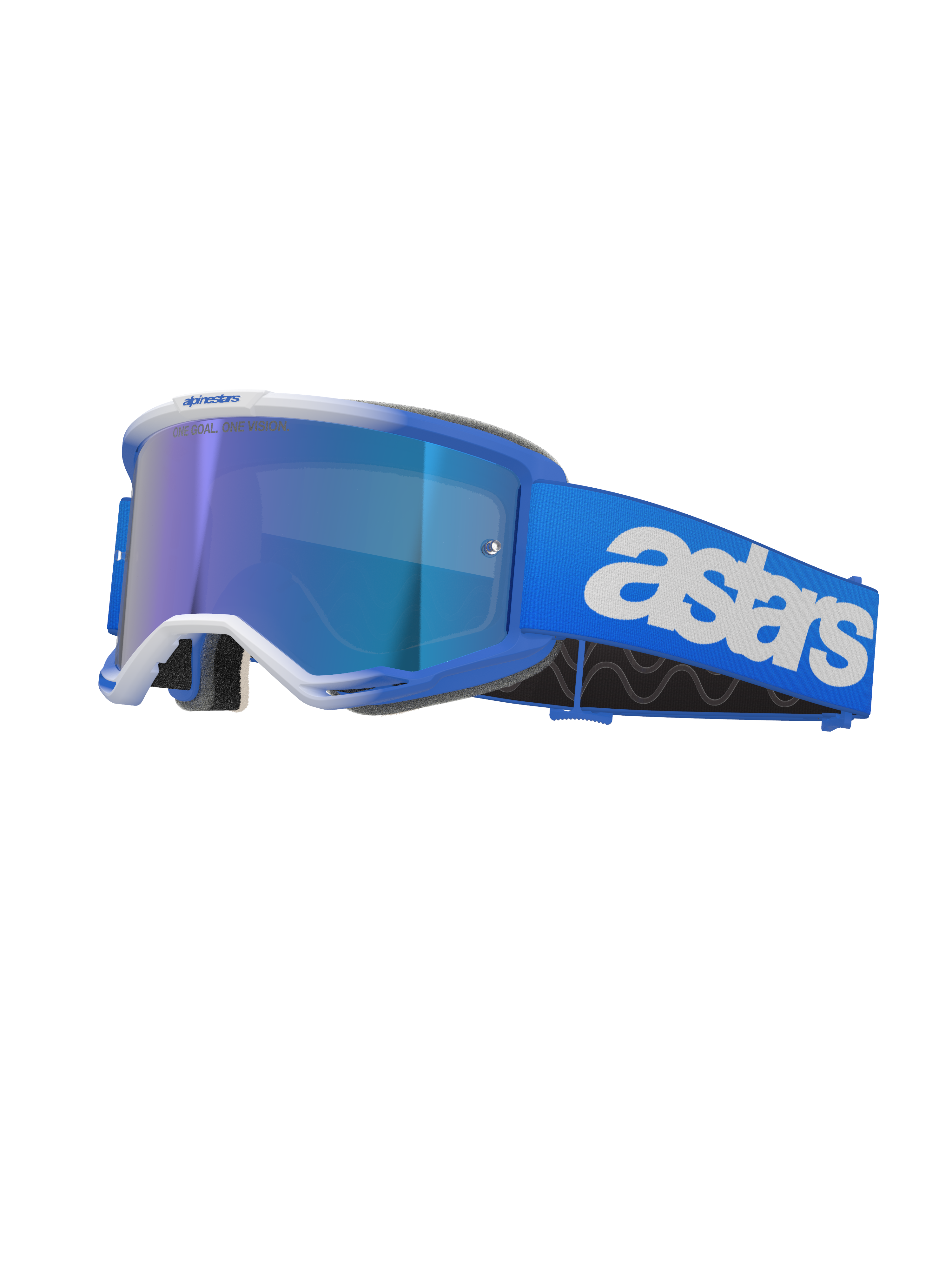 Alpinestars Vision 5 Blaze Goggles, gogle motocrossowe, niebiesko-białe, z niebieską lustrzaną soczewką, szeroki niebieski pasek z wyraźnym białym brandingiem astars, zakrzywiona ramka z białymi akcentami, gruba czarna wyściółka z pianki, profesjonalne gogle do wyścigów terenowych