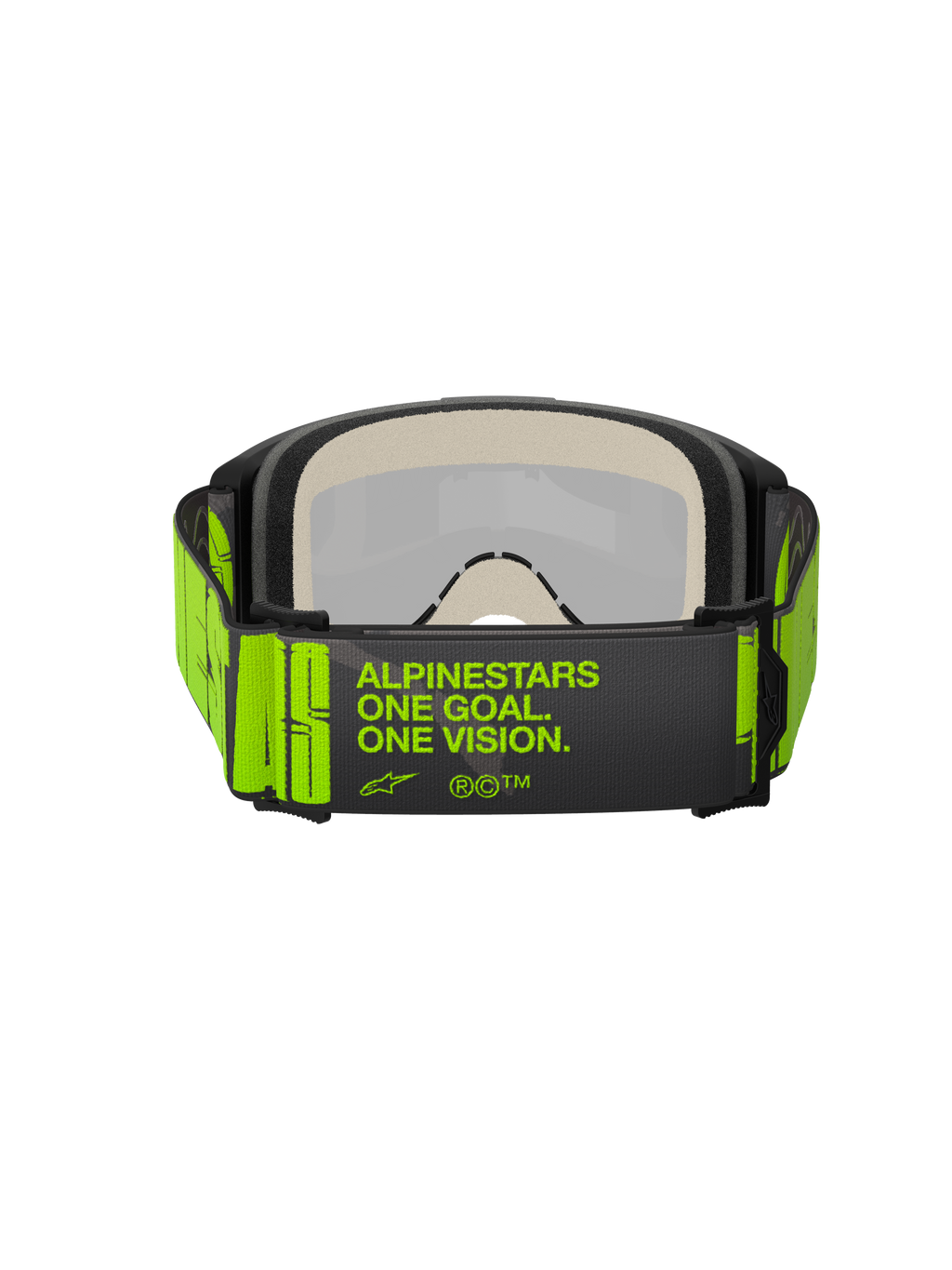 Alpinestars Vision 5 Hollow Goggles, gogle motocrossowe, grafitowe i żółte neonowe, widok od tyłu ukazujący szeroki tkany pasek z hasłem „ALPINESTARS ONE GOAL. ONE VISION.”, wielowarstwowa pianka, przeznaczone do wyścigów terenowych