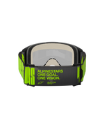 Alpinestars Vision 5 Hollow Goggles, gogle motocrossowe, grafitowe i żółte neonowe, widok od tyłu ukazujący szeroki tkany pasek z hasłem „ALPINESTARS ONE GOAL. ONE VISION.”, wielowarstwowa pianka, przeznaczone do wyścigów terenowych