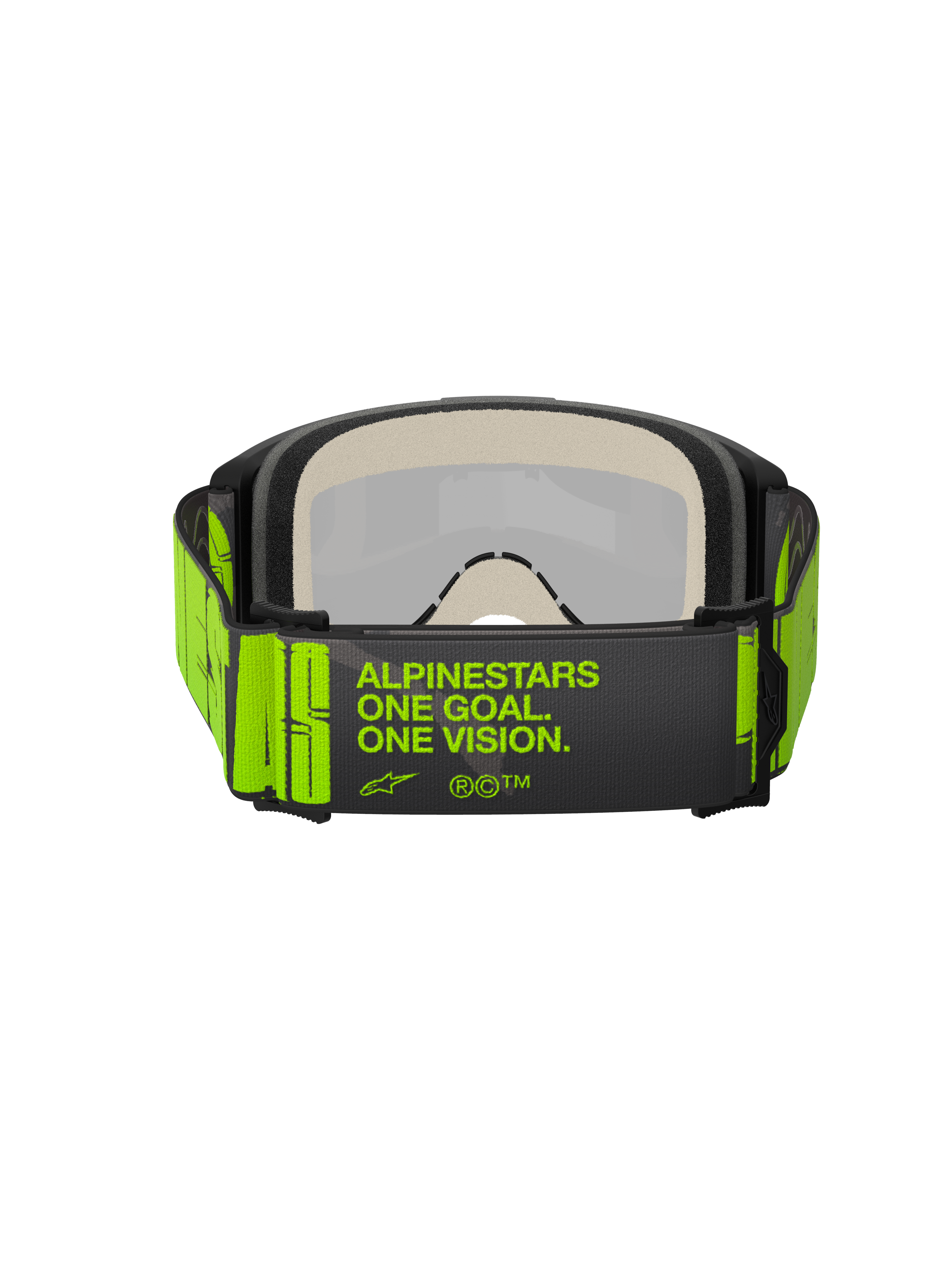 Alpinestars Vision 5 Hollow Goggles, gogle motocrossowe, grafitowe i żółte neonowe, widok od tyłu ukazujący szeroki tkany pasek z hasłem „ALPINESTARS ONE GOAL. ONE VISION.”, wielowarstwowa pianka, przeznaczone do wyścigów terenowych