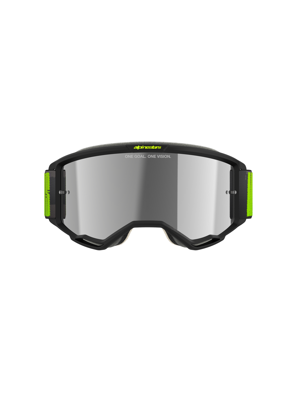Gogle Alpinestars Vision 5 Hollow, gogle motocrossowe, szare i żółte fluo, srebrna lustrzana soczewka, smukła szara oprawka z jaskrawymi żółtymi akcentami i szerokim tkanym paskiem, wysokiej klasy ochrona oczu do wyścigów terenowych