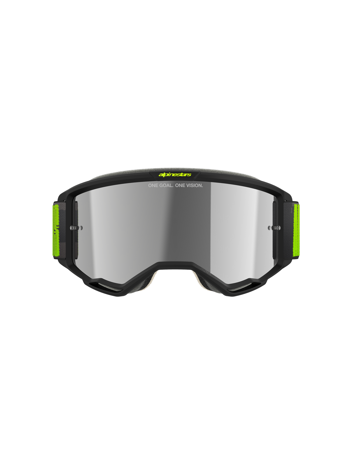 Gogle Alpinestars Vision 5 Hollow, gogle motocrossowe, szare i żółte fluo, srebrna lustrzana soczewka, smukła szara oprawka z jaskrawymi żółtymi akcentami i szerokim tkanym paskiem, wysokiej klasy ochrona oczu do wyścigów terenowych