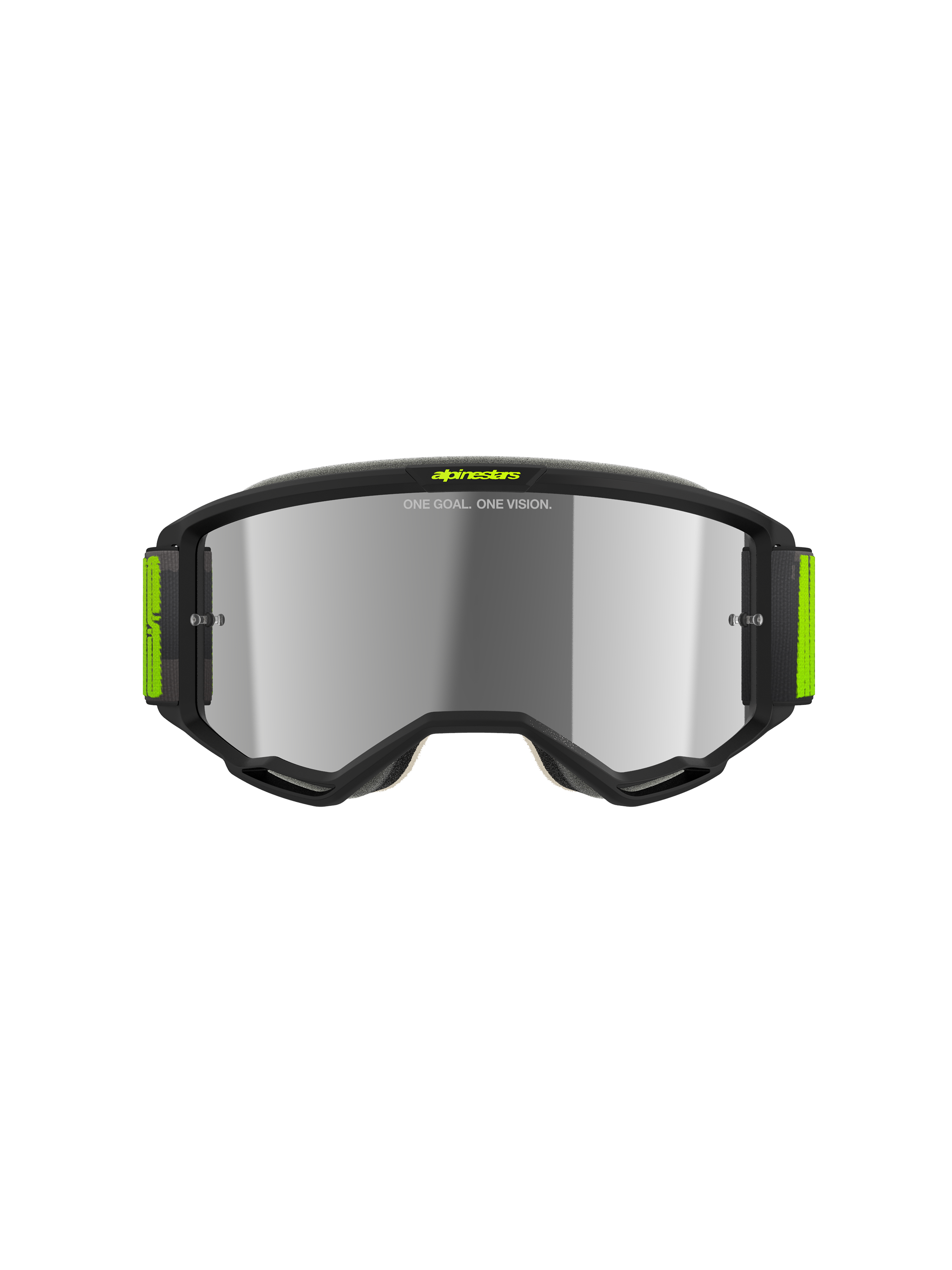 Gogle Alpinestars Vision 5 Hollow, gogle motocrossowe, szare i żółte fluo, srebrna lustrzana soczewka, smukła szara oprawka z jaskrawymi żółtymi akcentami i szerokim tkanym paskiem, wysokiej klasy ochrona oczu do wyścigów terenowych