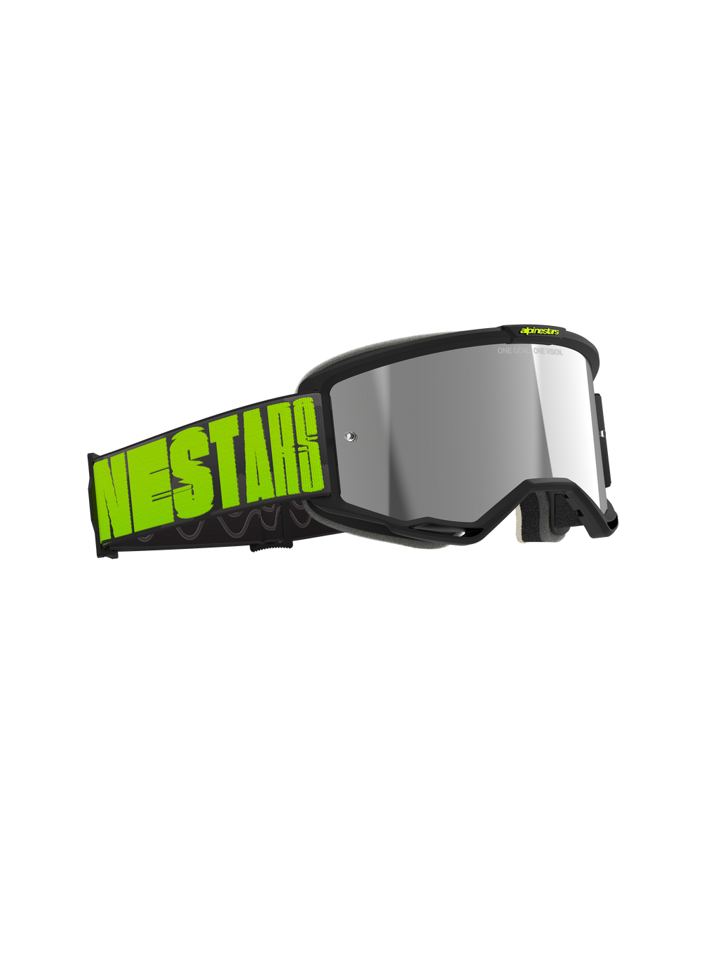 Alpinestars Vision 5 Hollow Goggles, gogle motocrossowe, szare i neonowo-żółte, srebrna lustrzana soczewka, szeroki czarny pasek z wyrazistym neonowym brandingiem, oprawka z wentylacją RAM-AIR do jazdy off-road