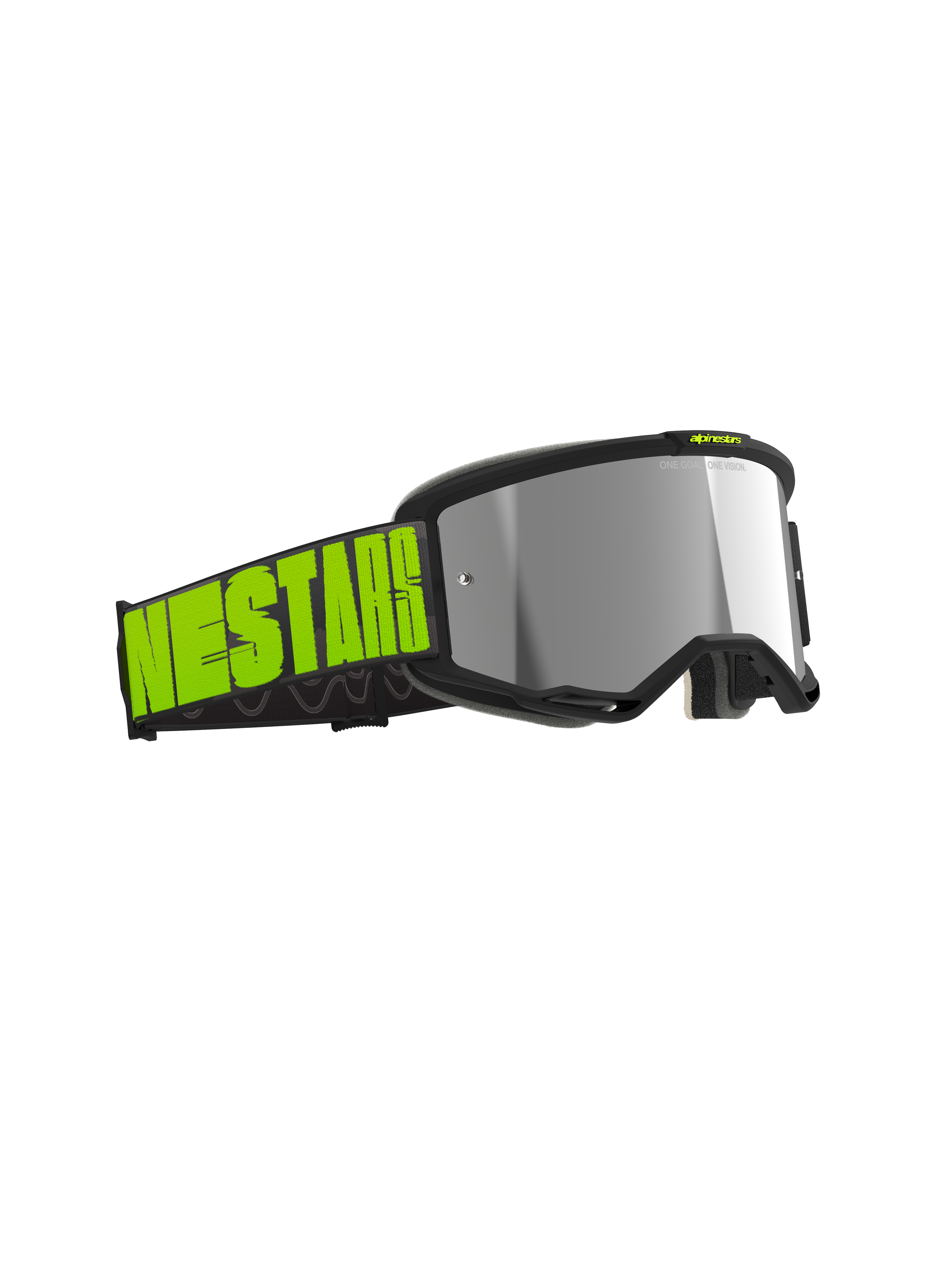 Alpinestars Vision 5 Hollow Goggles, gogle motocrossowe, szare i neonowo-żółte, srebrna lustrzana soczewka, szeroki czarny pasek z wyrazistym neonowym brandingiem, oprawka z wentylacją RAM-AIR do jazdy off-road