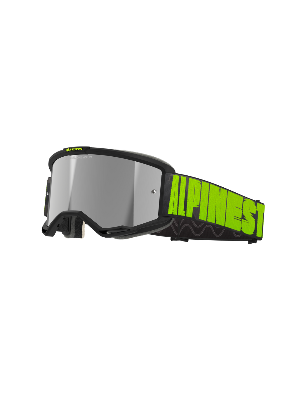 Alpinestars Vision 5 Hollow, gogle motocrossowe off-road, grafitowe i neonowożółte, srebrna lustrzana soczewka z czarną ramką, szeroki czarny pasek z wyraźnym neonowożółtym logo i wewnętrznym silikonowym wykończeniem, otwory wentylacyjne i miękka pianka