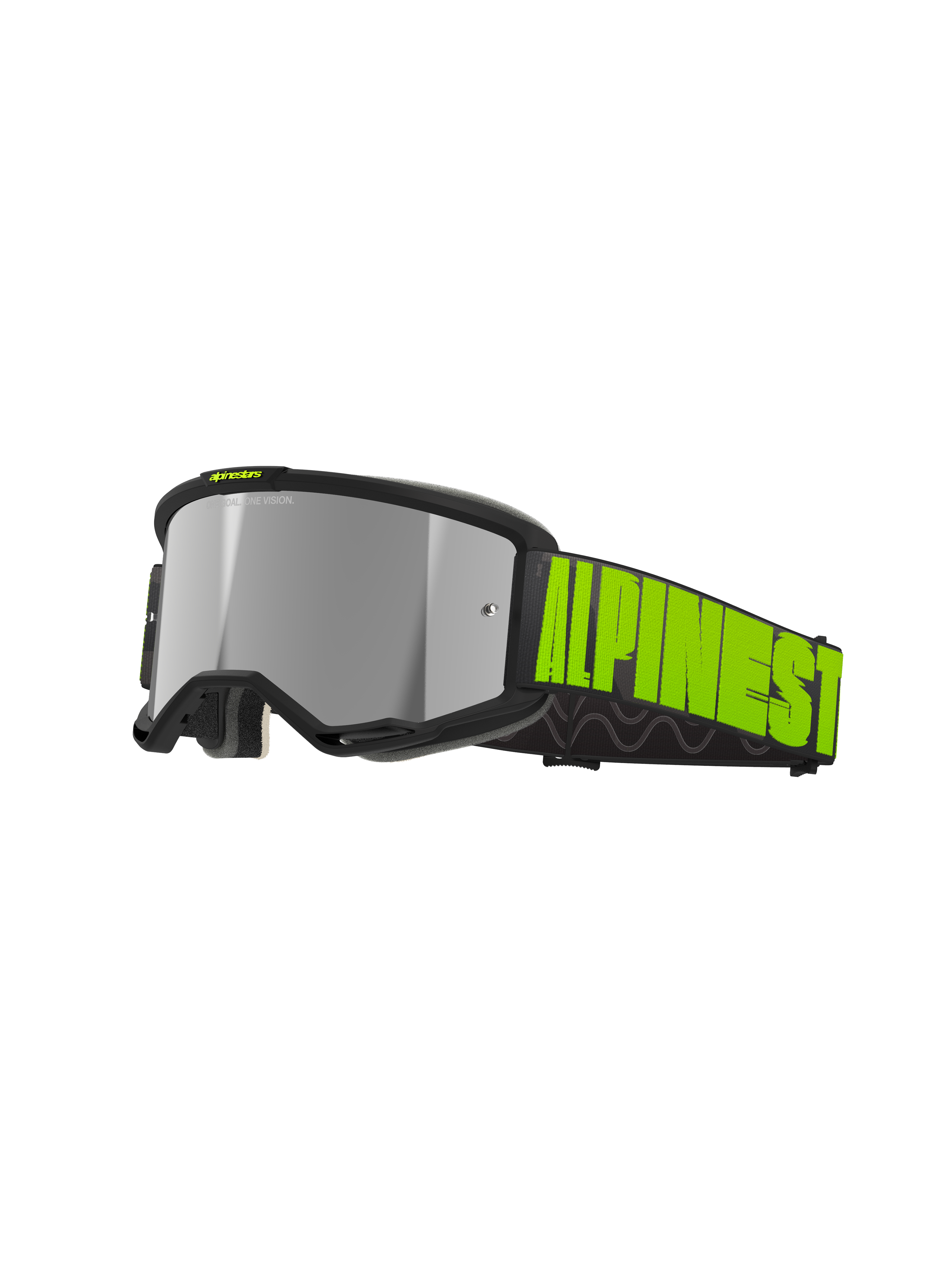 Alpinestars Vision 5 Hollow, gogle motocrossowe off-road, grafitowe i neonowożółte, srebrna lustrzana soczewka z czarną ramką, szeroki czarny pasek z wyraźnym neonowożółtym logo i wewnętrznym silikonowym wykończeniem, otwory wentylacyjne i miękka pianka