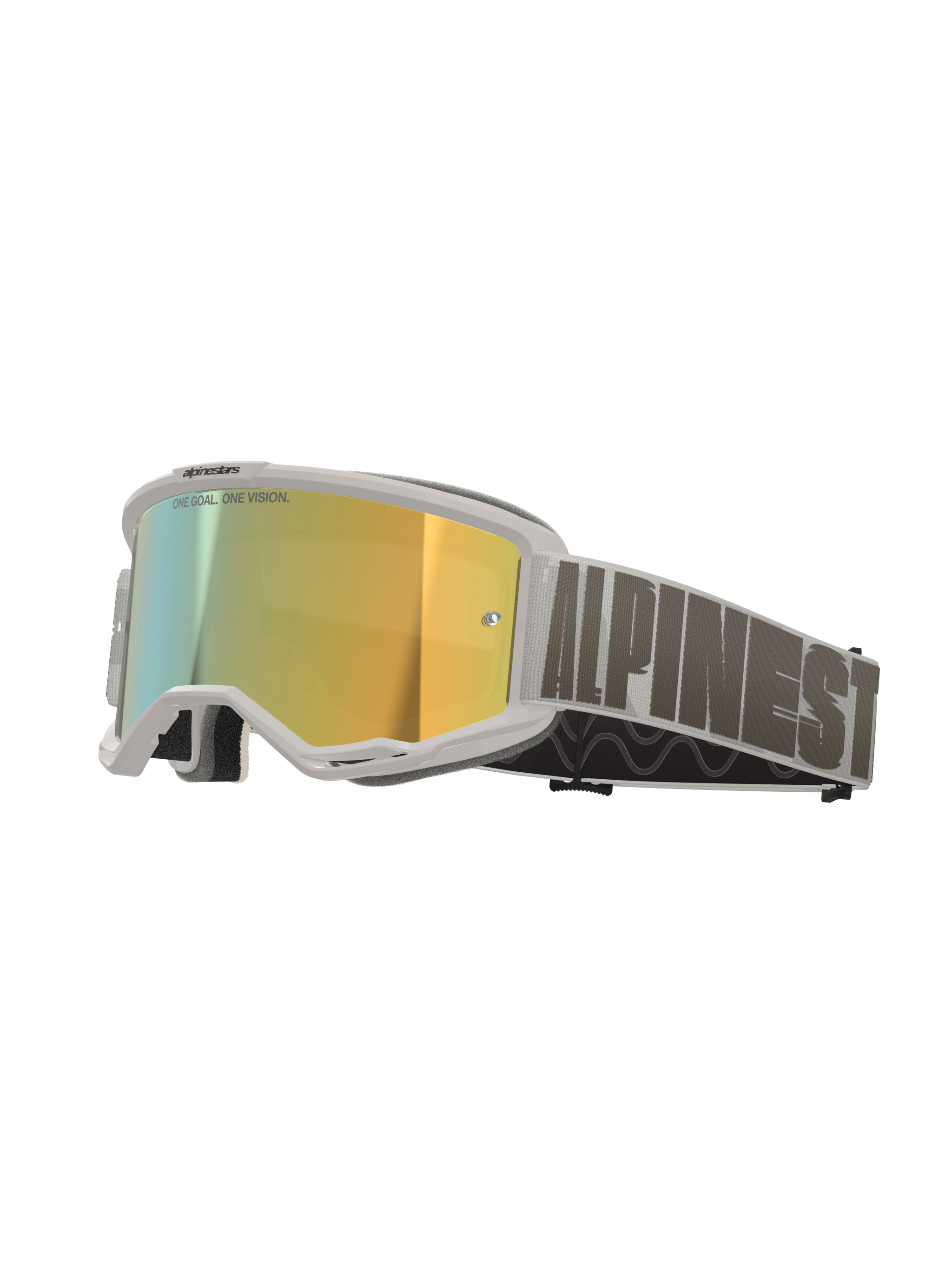 Gogle Alpinestars Vision 5 Hollow, gogle motocrossowe, biała oprawka ze złotą lustrzaną soczewką Wind Mirror, szary tkany pasek z wyraźnym brandingiem Alpinestars, wysokiej jakości gogle do wyścigów terenowych