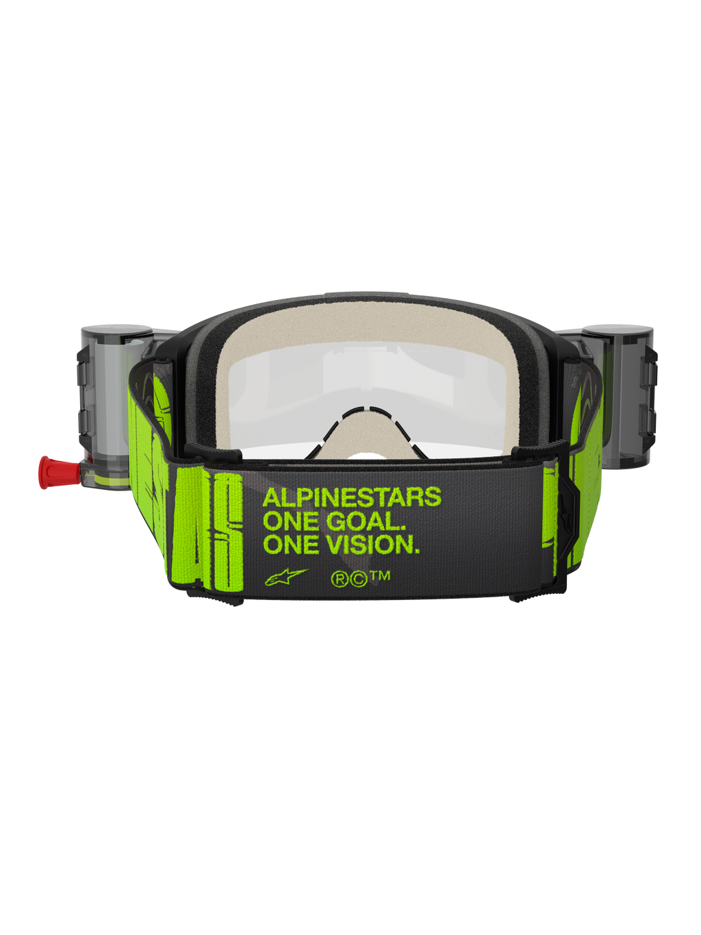 Alpinestars Vision 5 Hollow Goggles Roll Off, gogle motocrossowe, grafitowe i neonowożółte, widok z tyłu na szeroki tkany pasek z hasłem „ALPINESTARS ONE GOAL. ONE VISION.” w kolorze neonowożółtym, gruba wielowarstwowa pianka, zasobniki systemu roll-off