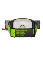 Alpinestars Vision 5 Hollow Goggles Roll Off, gogle motocrossowe, grafitowe i neonowożółte, widok z tyłu na szeroki tkany pasek z hasłem „ALPINESTARS ONE GOAL. ONE VISION.” w kolorze neonowożółtym, gruba wielowarstwowa pianka, zasobniki systemu roll-off