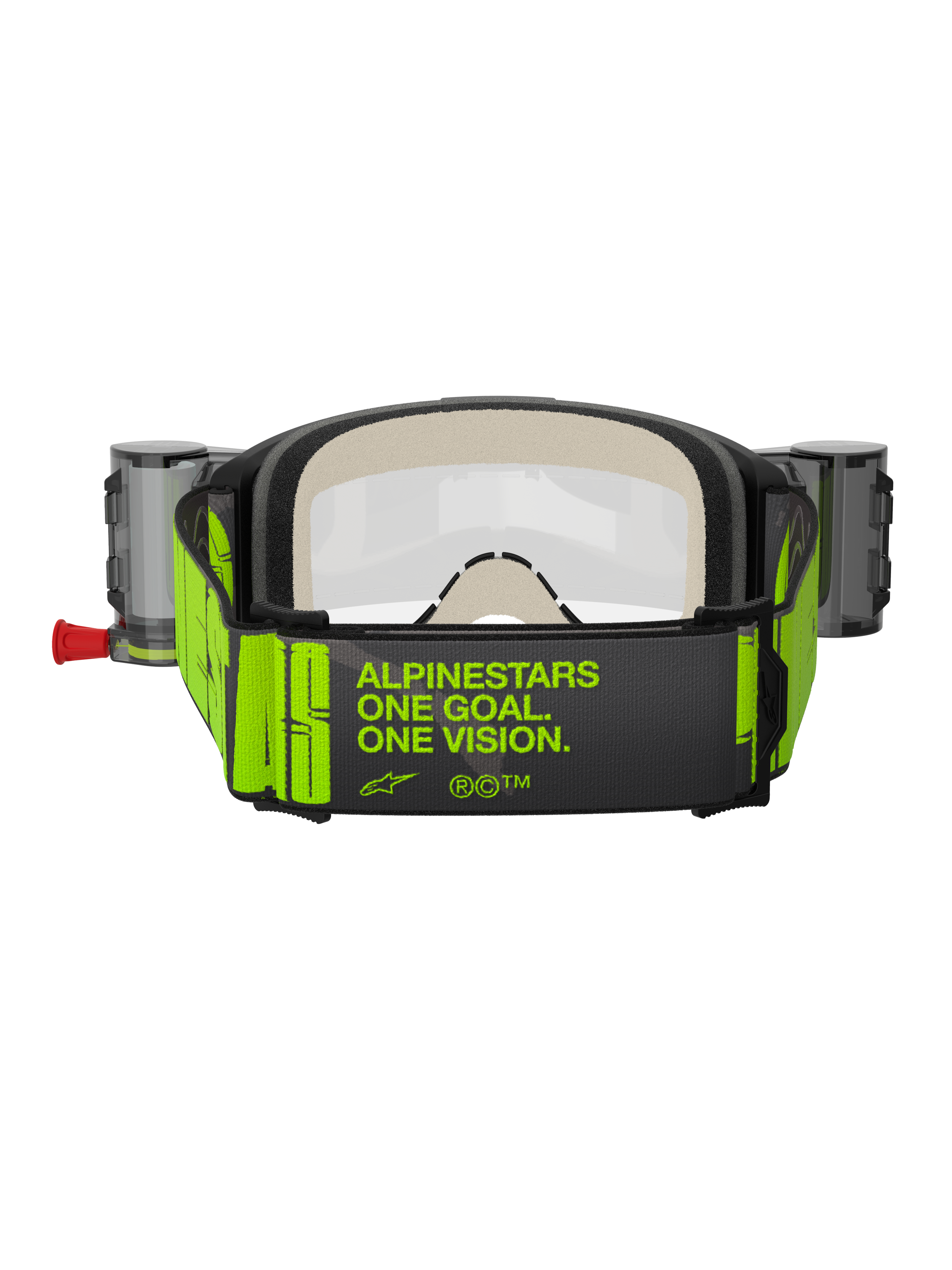 Alpinestars Vision 5 Hollow Goggles Roll Off, gogle motocrossowe, grafitowe i neonowożółte, widok z tyłu na szeroki tkany pasek z hasłem „ALPINESTARS ONE GOAL. ONE VISION.” w kolorze neonowożółtym, gruba wielowarstwowa pianka, zasobniki systemu roll-off