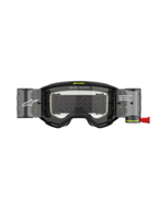 Gogle Alpinestars Vision 5 Hollow Roll Off, gogle motocrossowe, grafitowe i fluorescencyjne żółte, wyposażone w przezroczysty system roll-off z półprzezroczystymi zasobnikami, czerwony uchwyt, białe oznaczenia marki oraz napis „ONE GOAL. ONE VISION.”, zaprojektowane do wyścigów terenowych