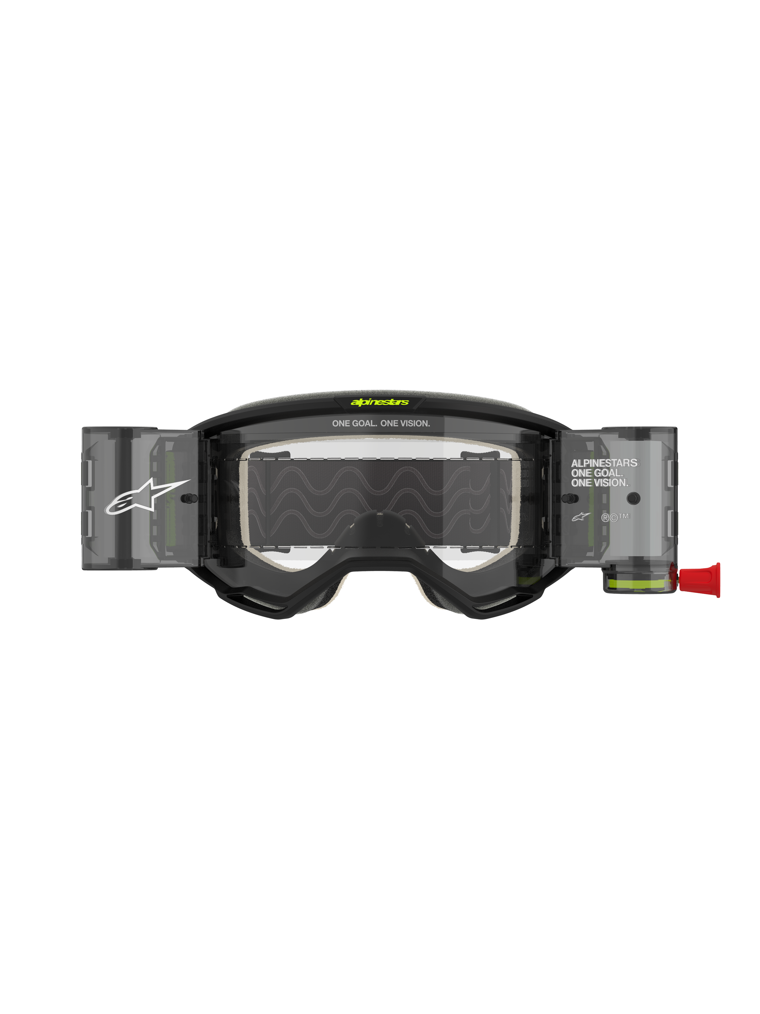 Gogle Alpinestars Vision 5 Hollow Roll Off, gogle motocrossowe, grafitowe i fluorescencyjne żółte, wyposażone w przezroczysty system roll-off z półprzezroczystymi zasobnikami, czerwony uchwyt, białe oznaczenia marki oraz napis „ONE GOAL. ONE VISION.”, zaprojektowane do wyścigów terenowych
