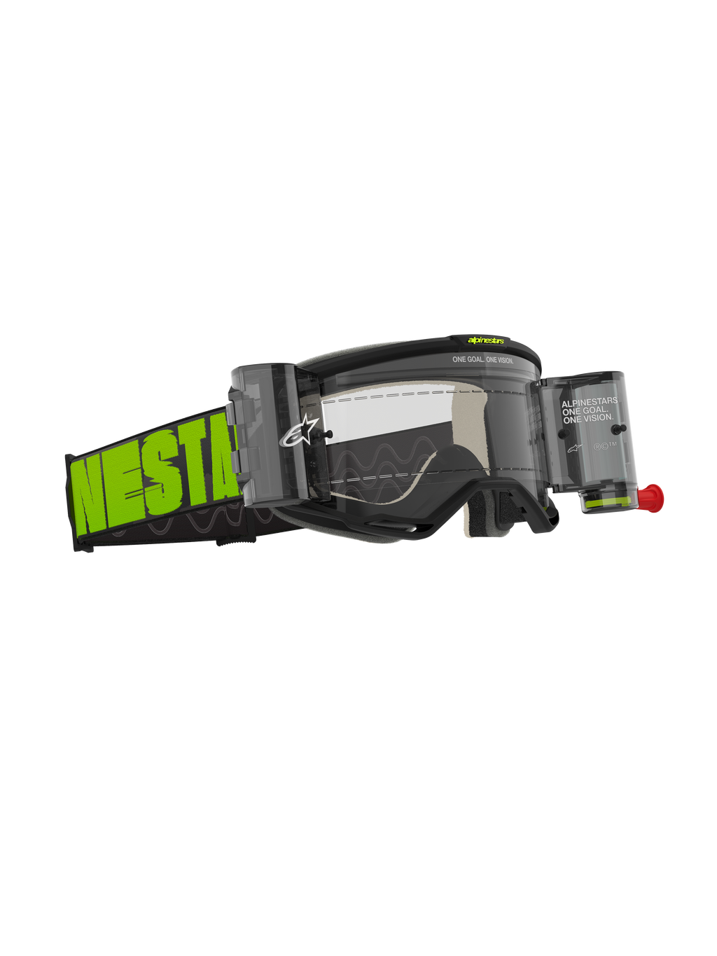 Alpinestars Vision 5 Hollow Goggles Roll Off, gogle motocrossowe, grafitowe i neonowożółte, przezroczysta soczewka ze zintegrowanymi zasobnikami roll-off, szeroki tkany pasek z wyrazistym neonowo-zielonym logo, oprawka A-FLEX i wielowarstwowa pianka dla wydajności off-road.
