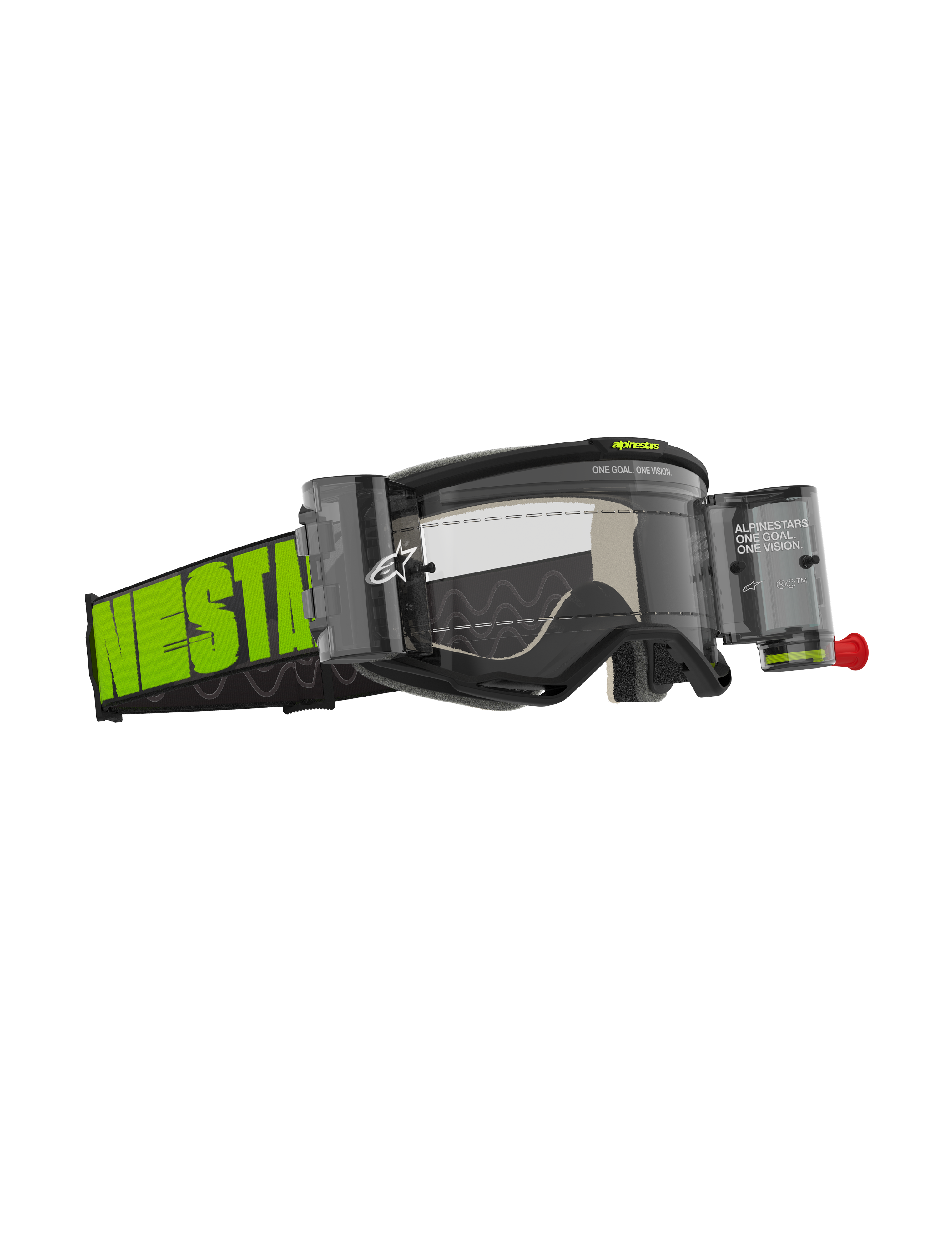 Alpinestars Vision 5 Hollow Goggles Roll Off, gogle motocrossowe, grafitowe i neonowożółte, przezroczysta soczewka ze zintegrowanymi zasobnikami roll-off, szeroki tkany pasek z wyrazistym neonowo-zielonym logo, oprawka A-FLEX i wielowarstwowa pianka dla wydajności off-road.