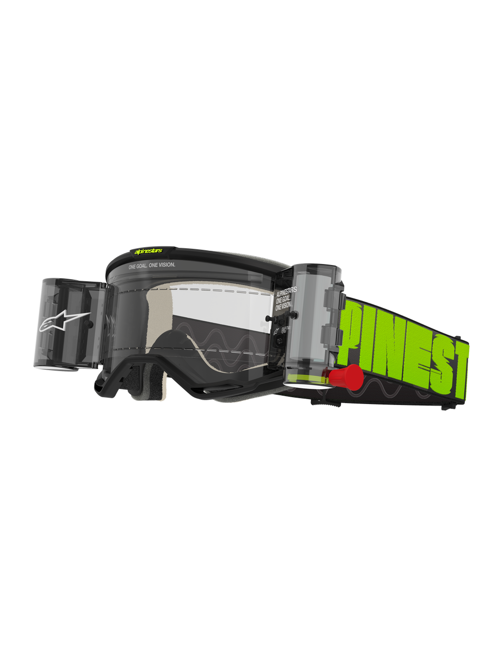Alpinestars Vision 5 Hollow Goggles Roll Off, gogle motocrossowe, szare i żółte neonowe, przezroczysta soczewka przeciwmgielna ze zintegrowanym systemem roll-off WIDE-VISION, wyrazisty żółty neonowy pasek z czarnym brandingiem, wytrzymała ochrona oczu do jazdy off-road