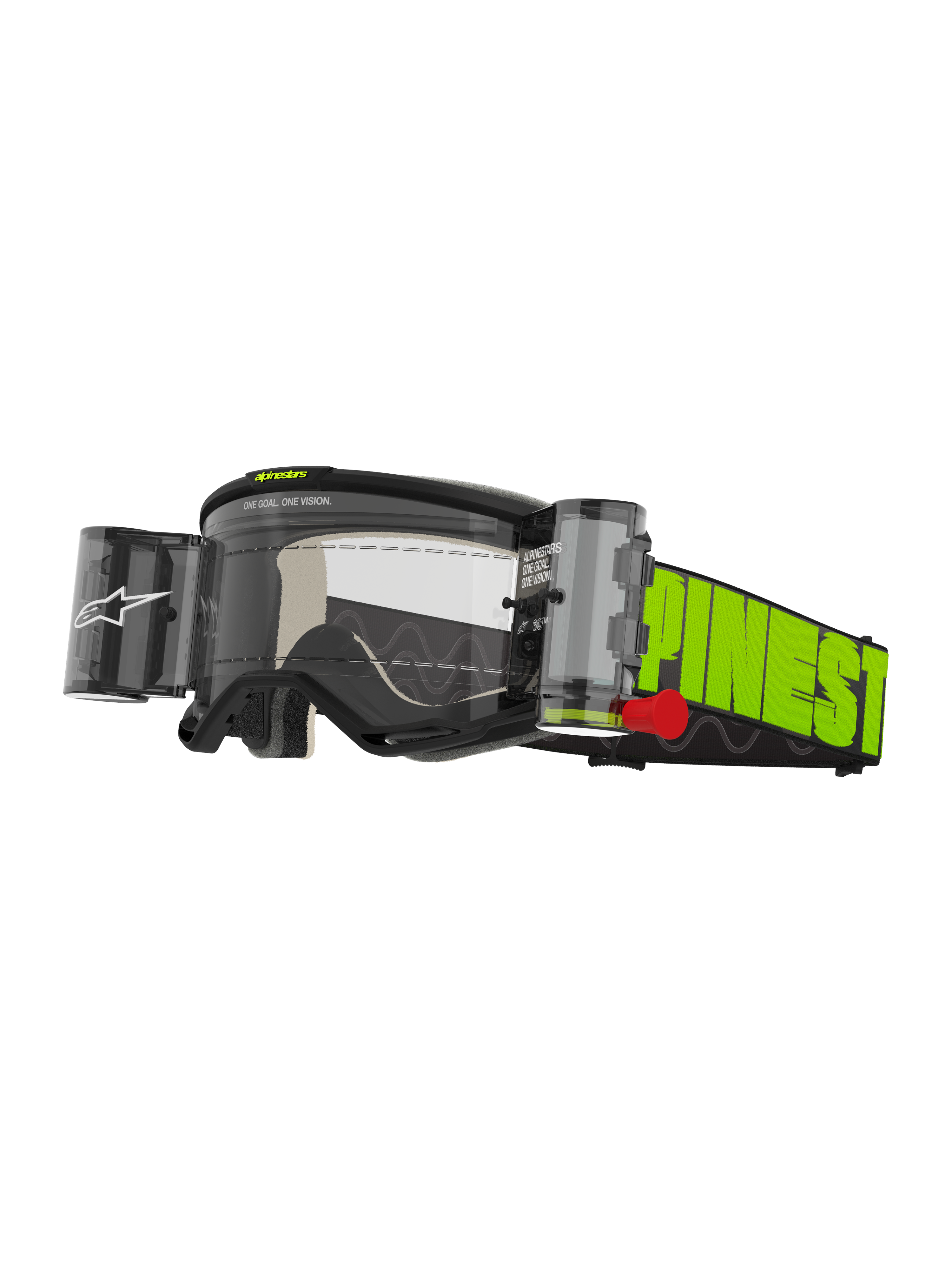 Alpinestars Vision 5 Hollow Goggles Roll Off, gogle motocrossowe, szare i żółte neonowe, przezroczysta soczewka przeciwmgielna ze zintegrowanym systemem roll-off WIDE-VISION, wyrazisty żółty neonowy pasek z czarnym brandingiem, wytrzymała ochrona oczu do jazdy off-road