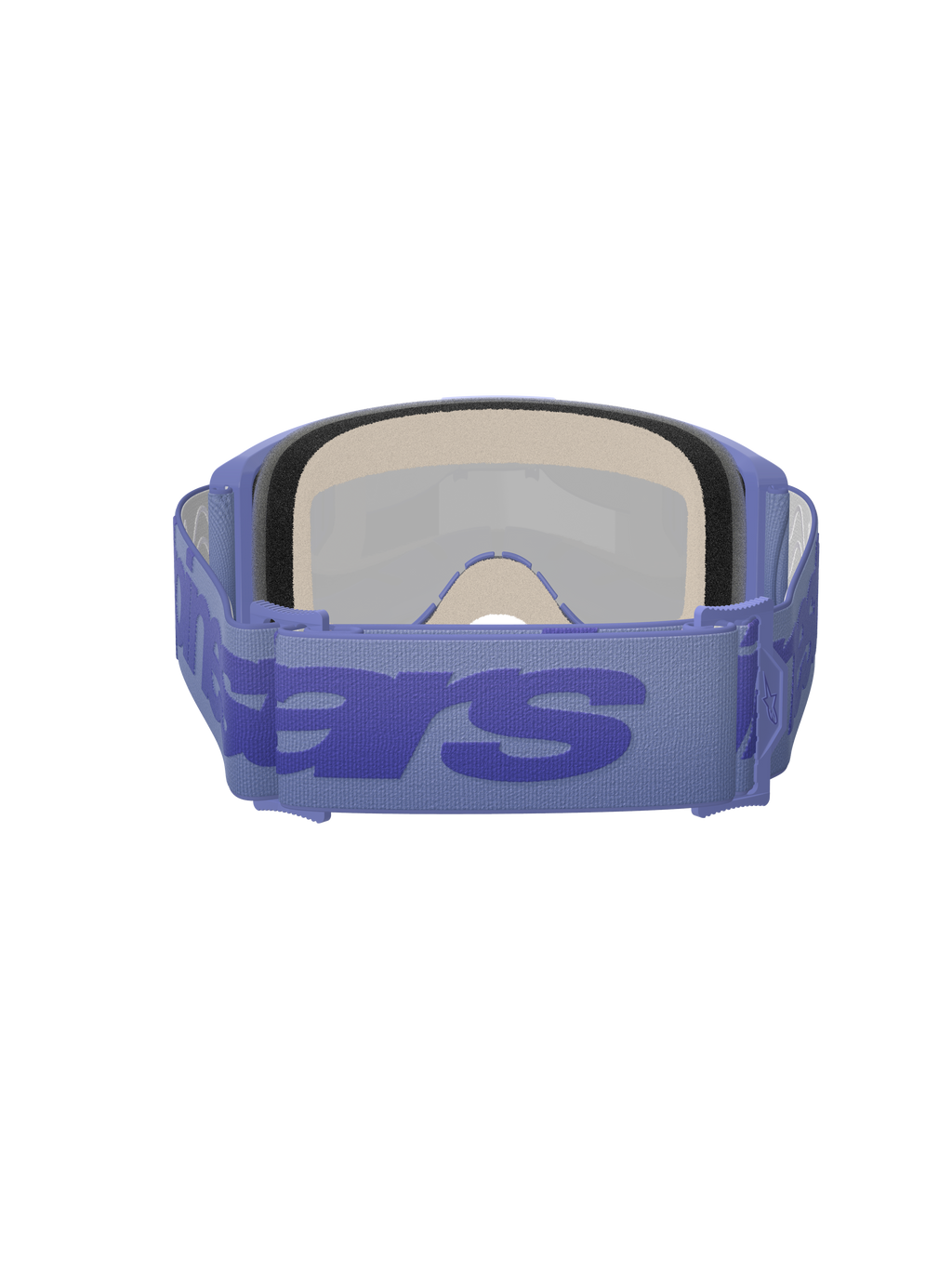 Alpinestars Vision 5 Wordmark Goggles, gogle motocrossowe, Purple Mirror Blue, widok z tyłu pokazujący grubą wielowarstwową piankę i regulowany fioletowy pasek z dużym niebieskim logotypem, wysokiej jakości gogle ochronne do wyścigów terenowych