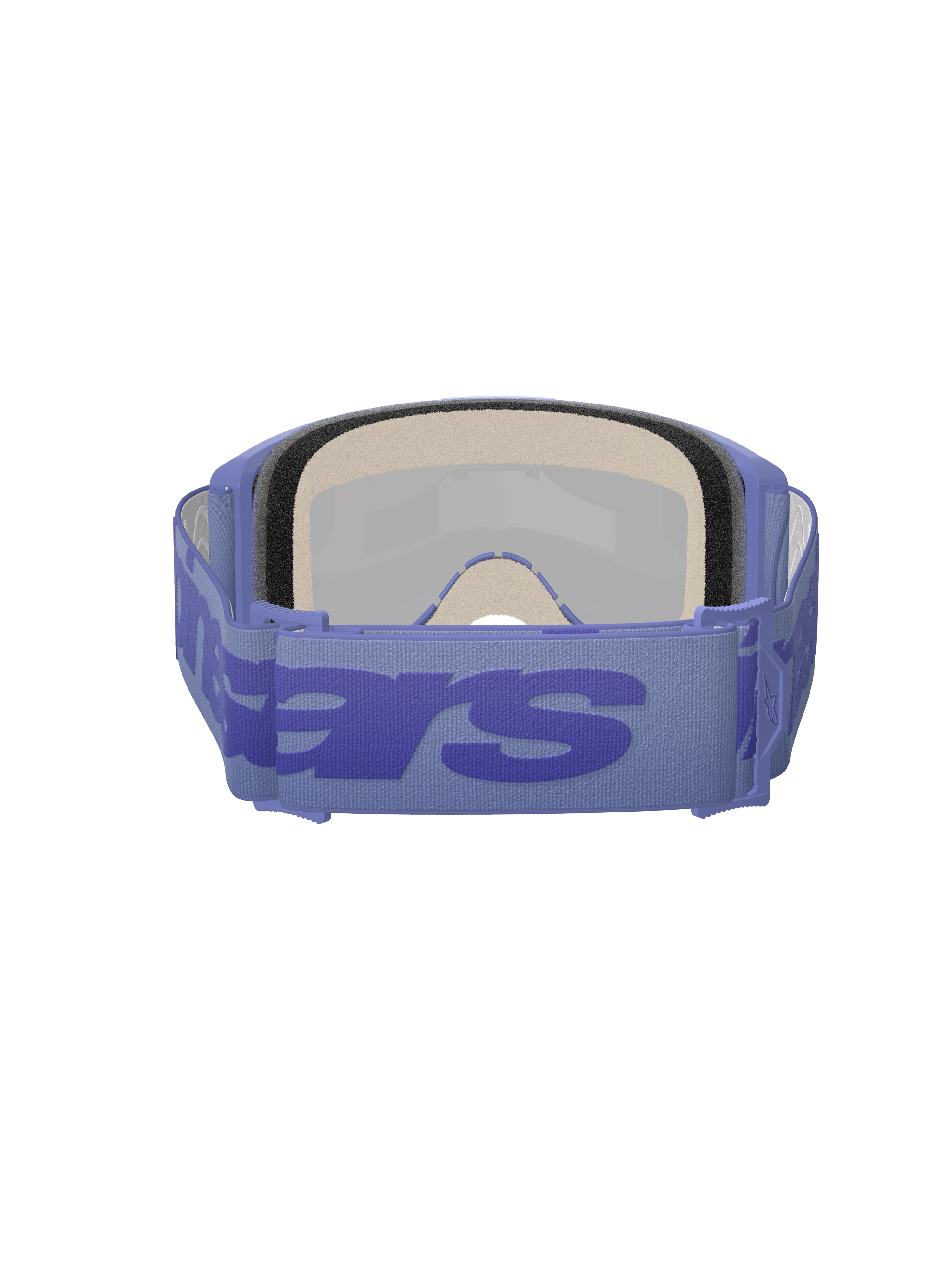 Alpinestars Vision 5 Wordmark Goggles, gogle motocrossowe, Purple Mirror Blue, widok z tyłu pokazujący grubą wielowarstwową piankę i regulowany fioletowy pasek z dużym niebieskim logotypem, wysokiej jakości gogle ochronne do wyścigów terenowych
