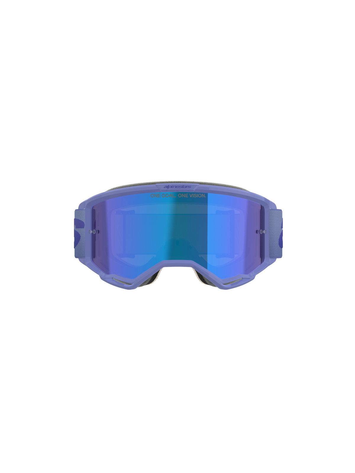 Gogle Alpinestars Vision 5 Wordmark, gogle motocrossowe, fioletowe z niebieską lustrzaną soczewką, widok z przodu prezentujący szerokie pole widzenia, regulowany pasek i wyraźne logo