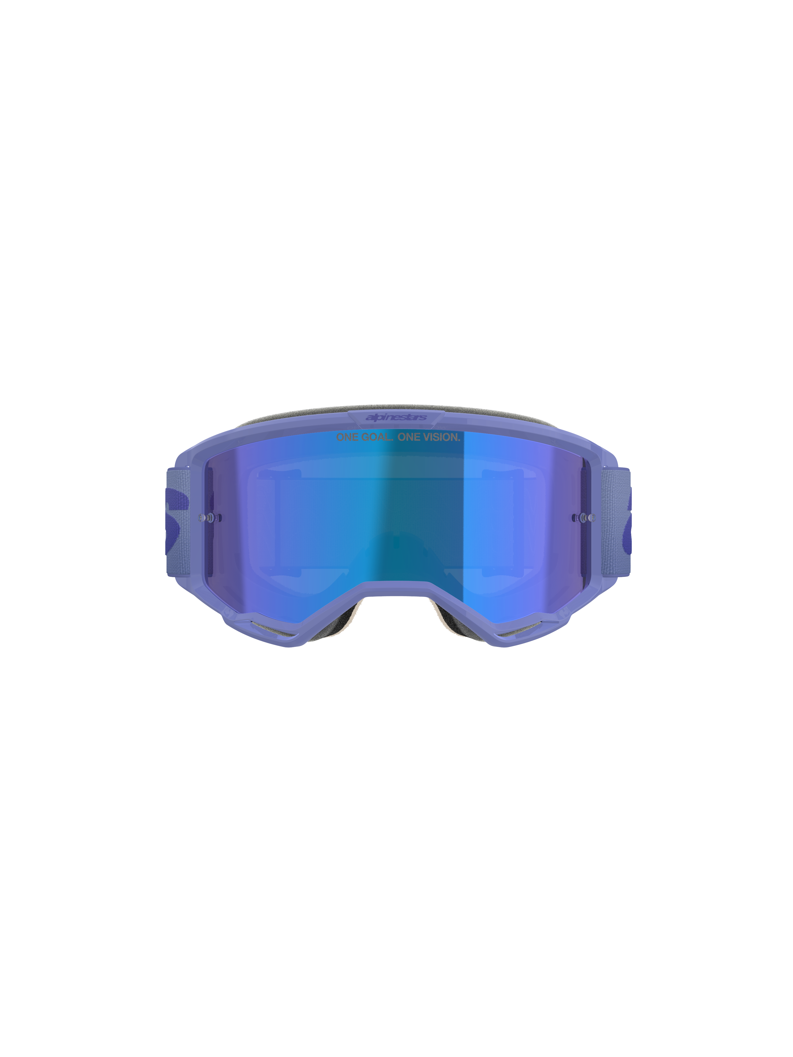 Gogle Alpinestars Vision 5 Wordmark, gogle motocrossowe, fioletowe z niebieską lustrzaną soczewką, widok z przodu prezentujący szerokie pole widzenia, regulowany pasek i wyraźne logo
